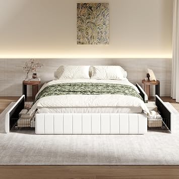 SHA CERLIN Full Size Velvet Upholstered Platform Bed Frame with 4 Storage Drawers, Vertical Channel Tufted, Low Profile, Fits Standard Headboards, Wooden Slats Support, Easy Assembly, White