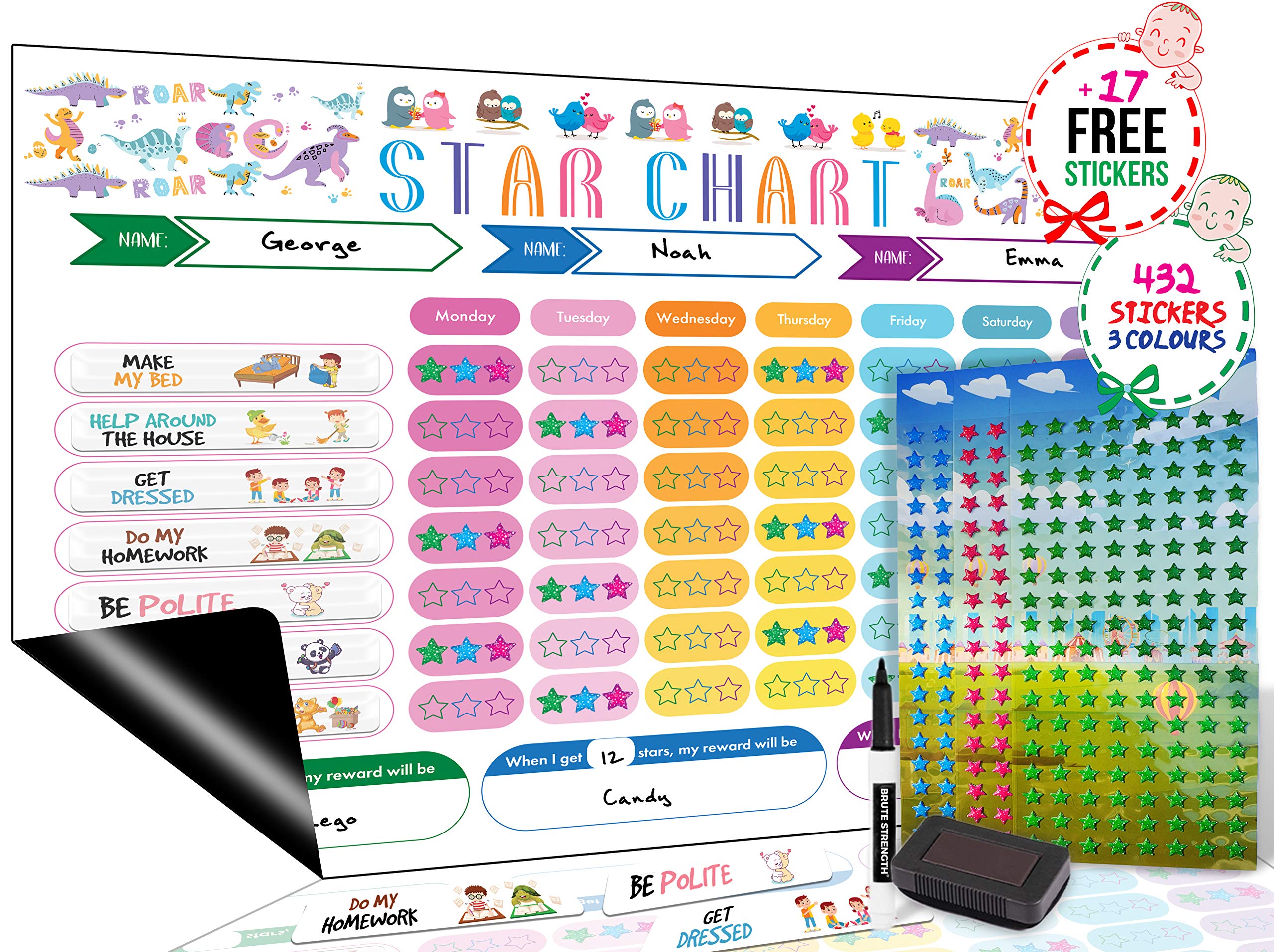 Brute Strength - Magnetic Star/Reward Chart for Kids: Encourages Good Behaviour and Customisable with Choice of Stickers and Dry Erase Feature