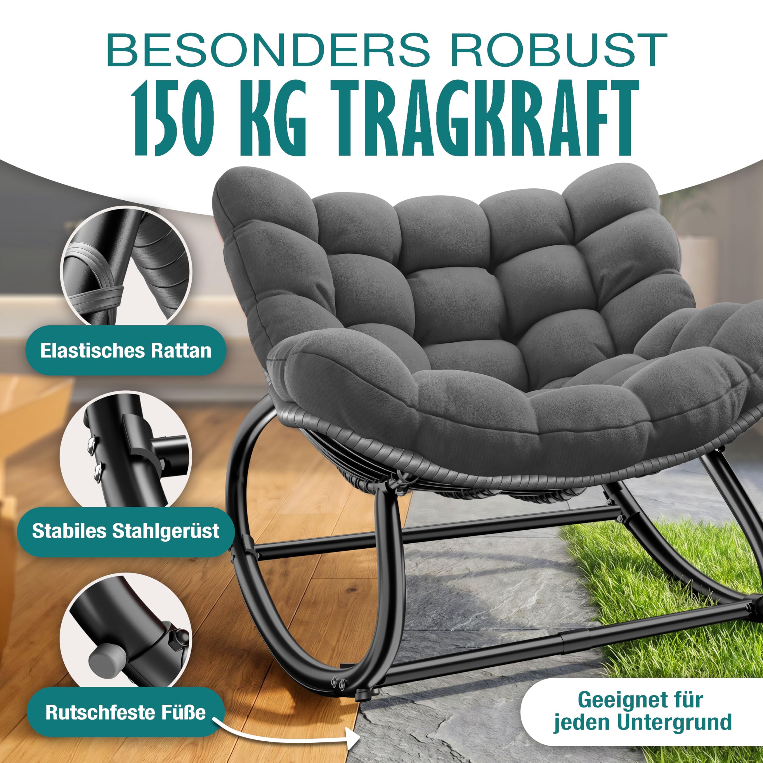 KESSER® Sedia a dondolo XXL per esterni, ergonomica, con imbottitura, per interni ed esterni, per giardino, balcone, sedia da giardino resistente alle intemperie, antiscivolo, fino a 150 kg, antracite