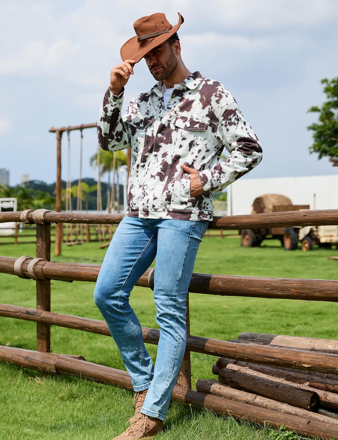 Cow Print Trucker Jacket for Men Western Cowboy Unlined Coats Cute Animal Tops Holiday Gifts