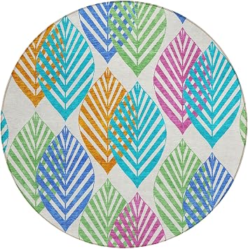 8 White Orange and Blue Round Floral Washable Indoor Outdoor Area Rug