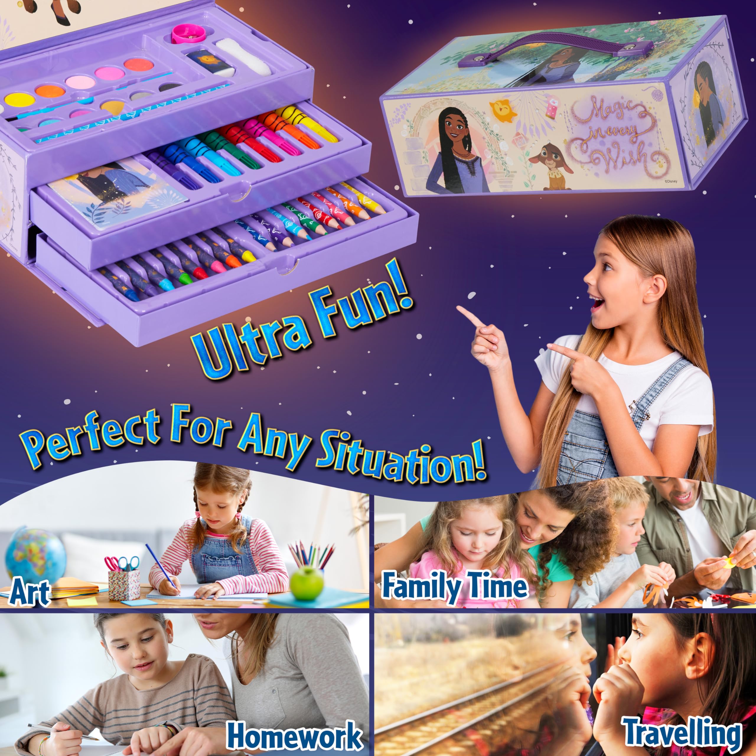 Disney Wish Valigetta Colori Bambina - Kit Disegno 40 + Acquerelli Per Bambini Colori A Matita Pennarelli Pennello Idea Regalo Creativa Bambine