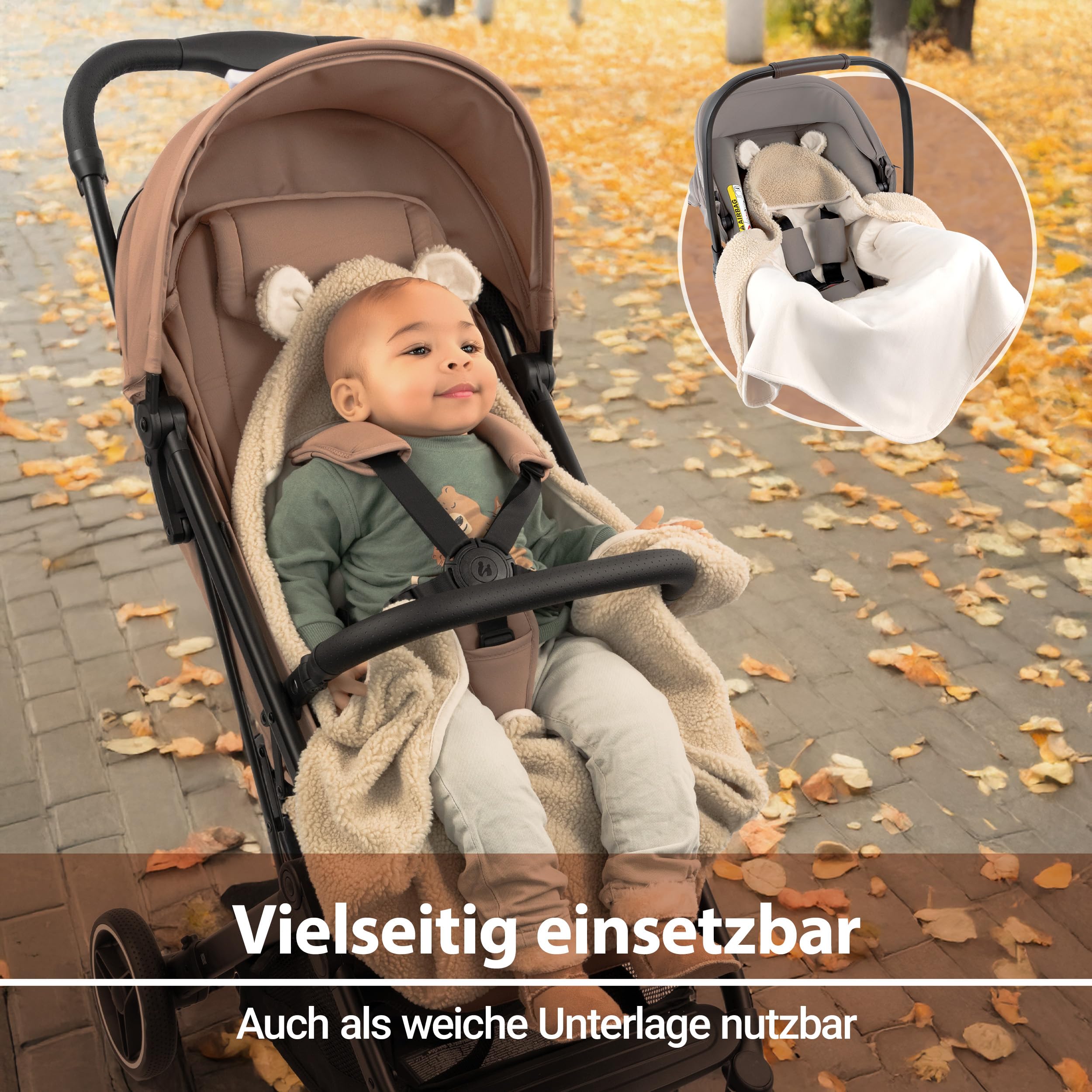 Zamboo Baby Einschlagdecke Fluffy Fleece 80x80 cm Oeko-TEX Zertifiziert mit Öhrchen & Gurtschlitzen Beige