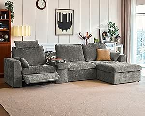 138.6'' Oversized Power Recliner Sofa with Headrest, Modular Cloud Sectional Couch with Convertible Table, Charging, Drawer, Cup Holder, 4-Seater with Storage Ottoman, Chenille, Grey