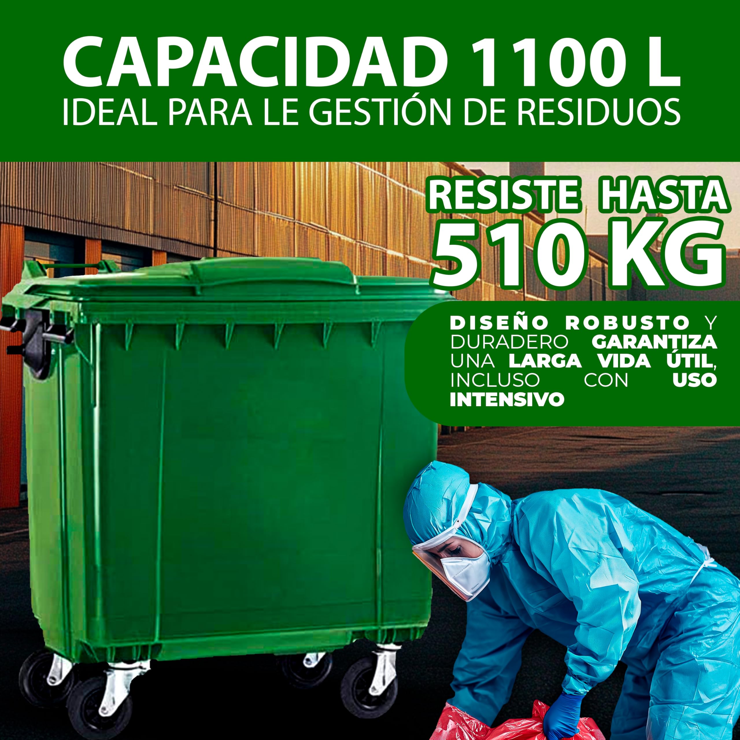 SSI Contenedor de Basura 1100L con Tapa Plana - Ruedas con Freno, Desagüe Inferior, Cumple Normativa EN-840, Ideal para Grandes Volúmenes de Residuos y Reciclaje en Exteriores (Verde, 1100 litros)