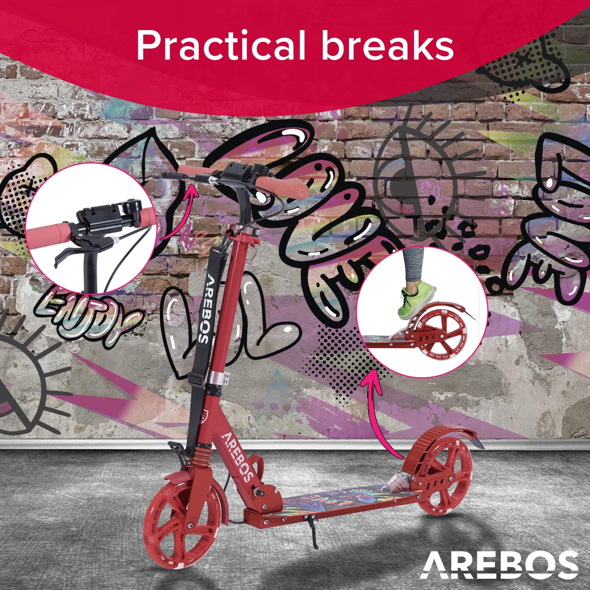 Arebos stadsscooter step in hoogte verstelbaar | opvouwbaar | inclusief draagriem | LED wielen | hand-pedaal rem | voor-achter vering | kinderen & volwassenen | 100kg draagvermogen | Blauw
