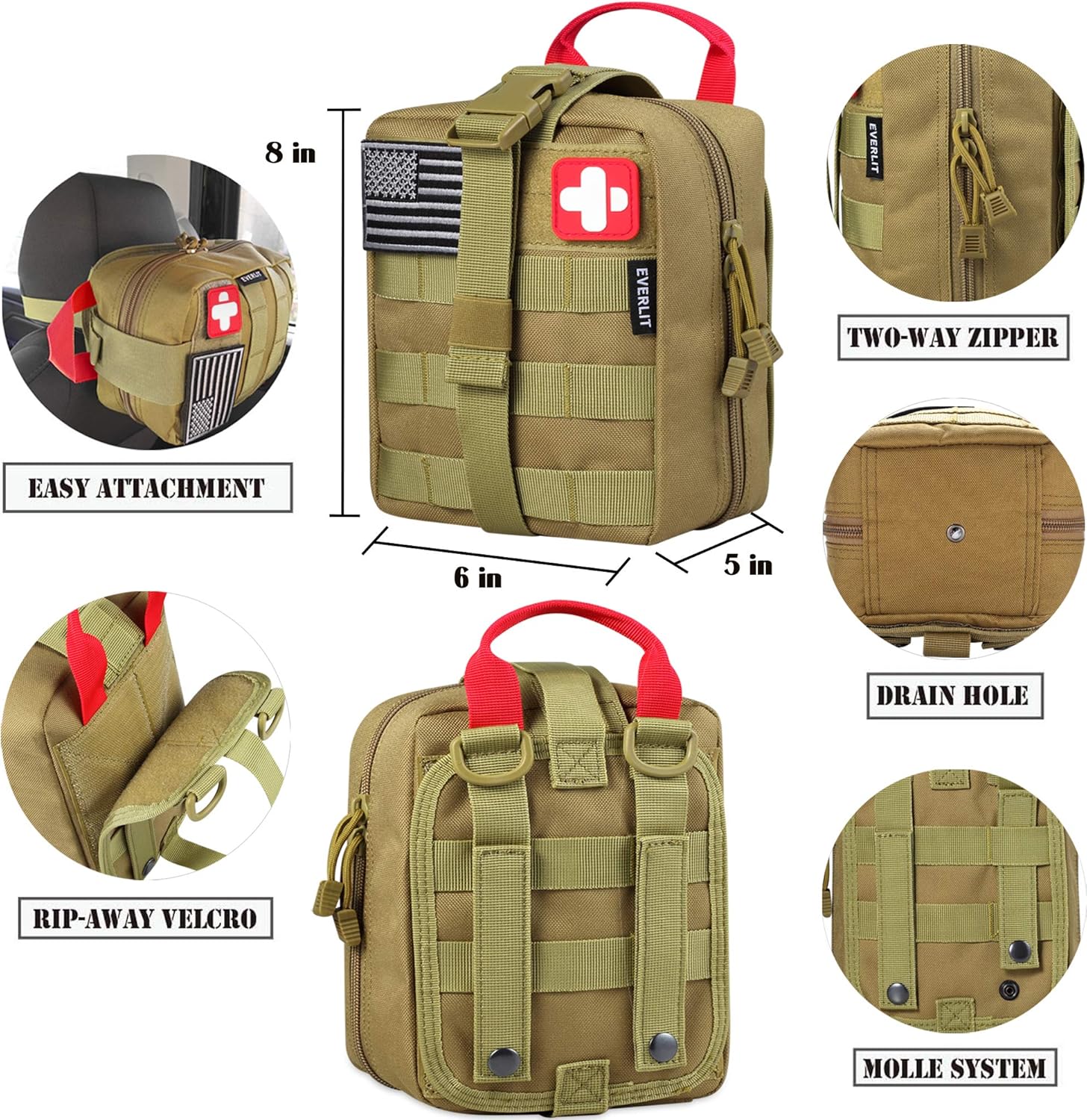 EVERLIT 250 Pieces Survival First Aid Kit IFAK Molle System Compatible Outdoor Gear Emergency Kits Trauma Bag for Camping Boat Hunting Hiking Home Car Earthquake and Adventures (Tan) : Sports & Outdoors