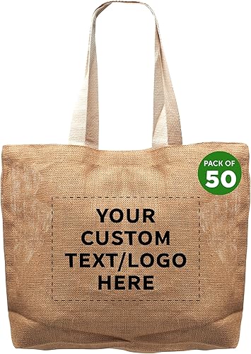 DISCOUNT PROMOS Juego de 50 Bolsas Tote de Fibra de Yute Natural para Llevar - Texto Personalizable, Logo - Conveniente, Asa de Correa, Uso Diario