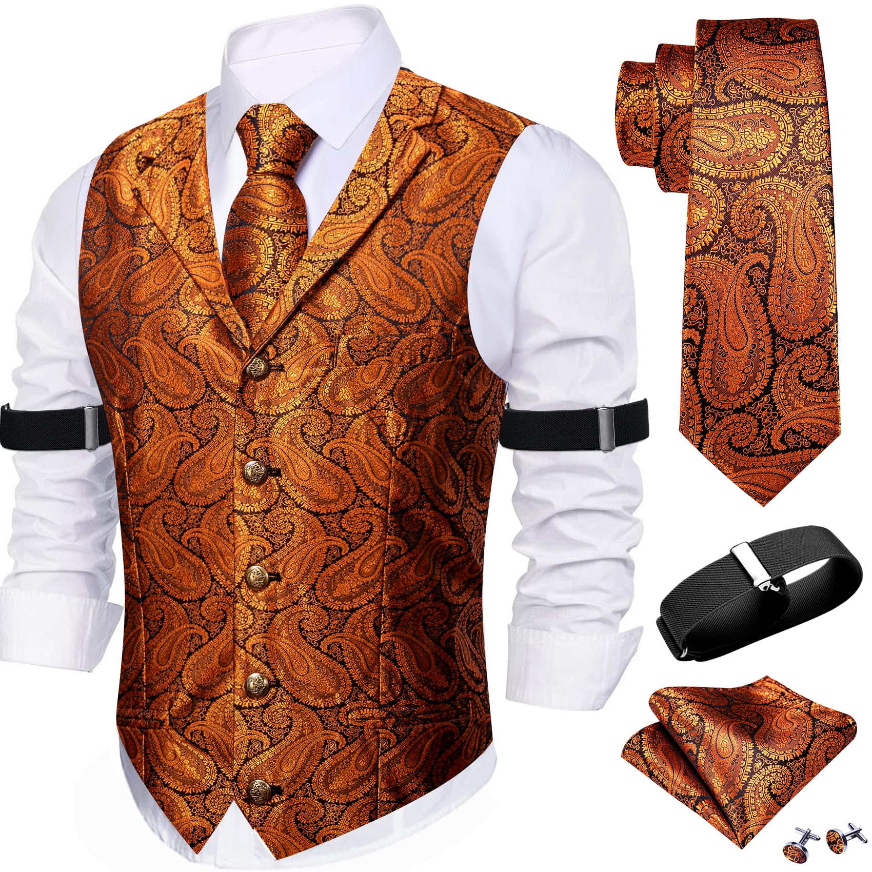 Barry.Wang Mens Silk Paisley/Floral Suit Vest Tie Sleeve Holder Set 5PCS