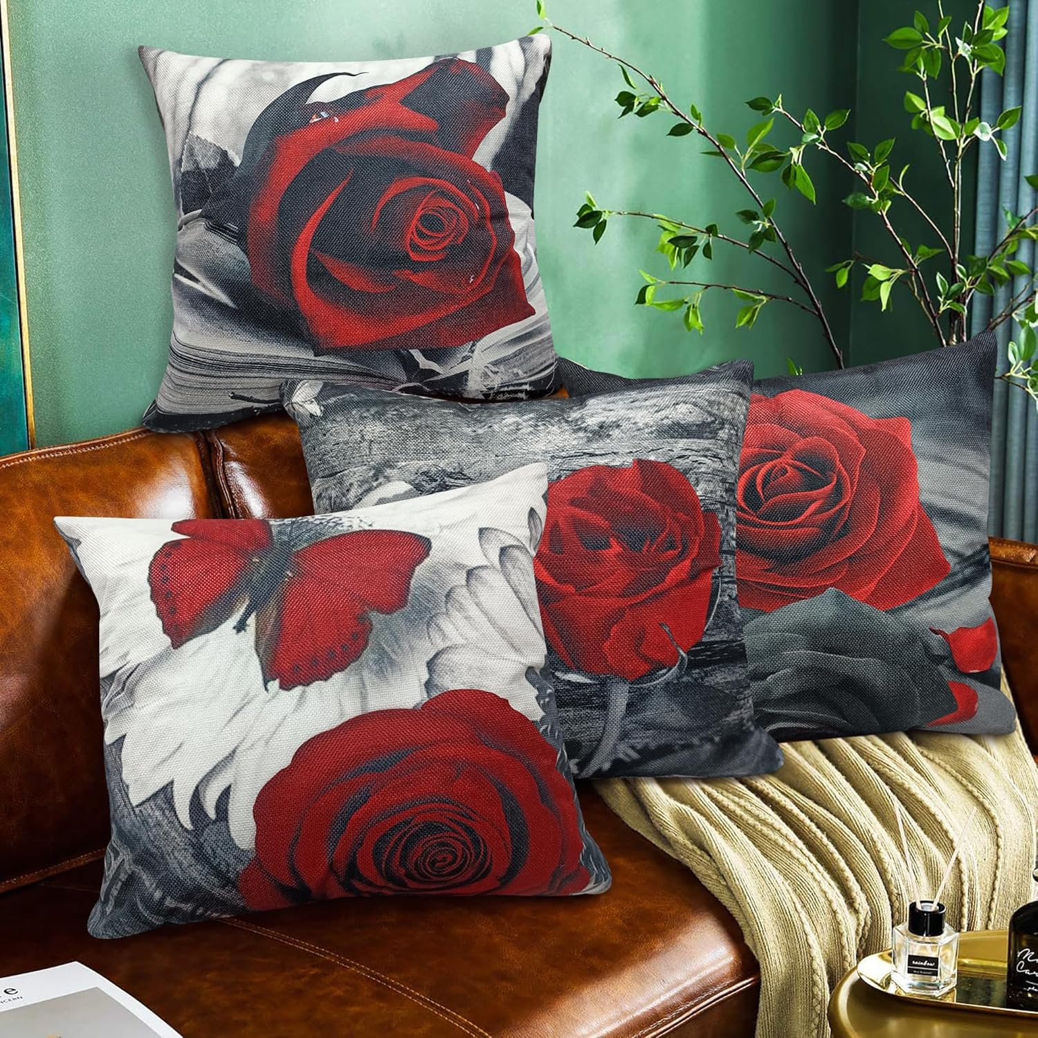 Set of 4 18x18 Flower Throw Pillow Covers Red Rose Gray Black Decorative Pillow Covers Couch Bed Sofa Floral Square Pillow Cover Red Black Linen Farmhouse Pillow Case Spring Summer (Red Black)