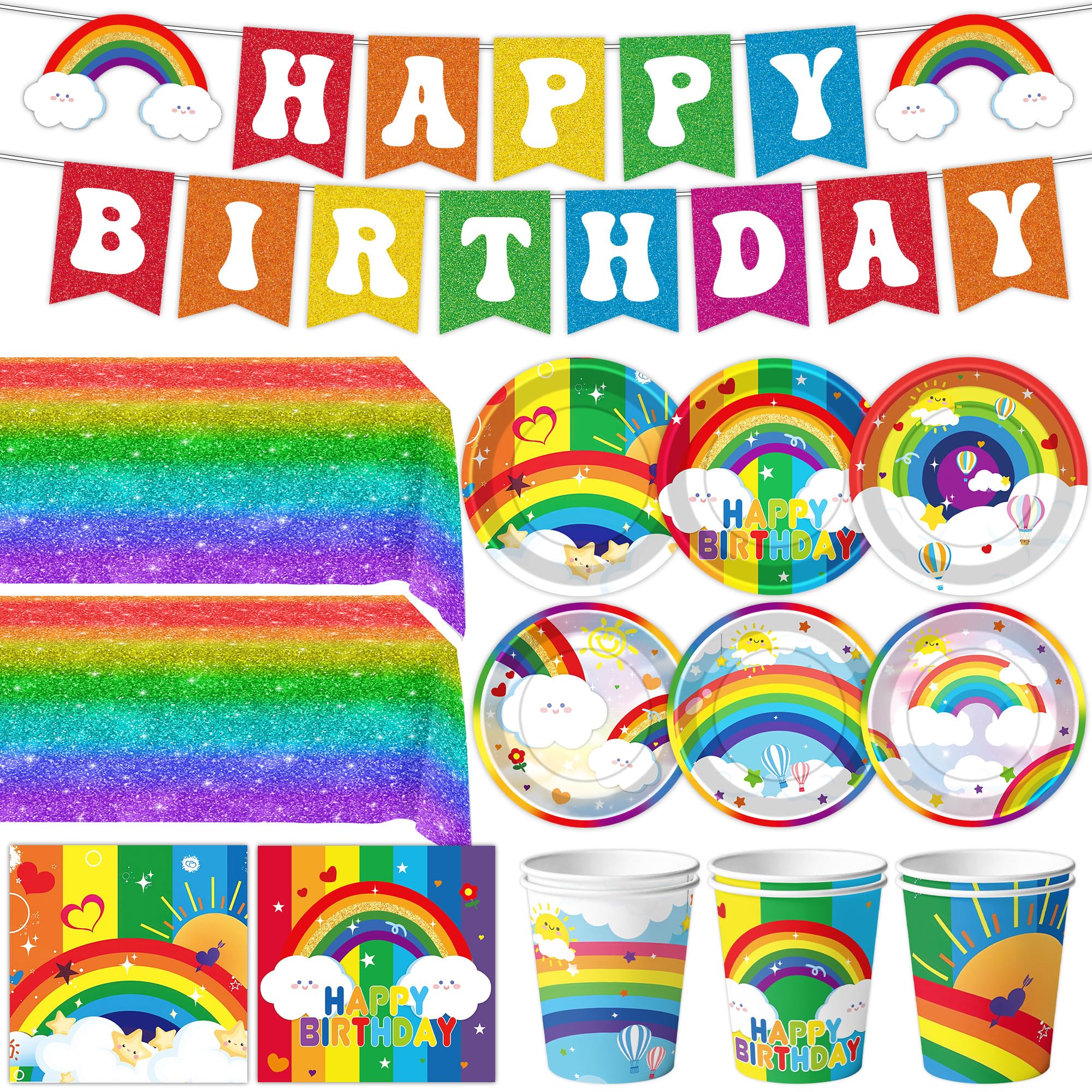 Rainbow Birthday Party Supplies Rainbow Theme Party Decorations for Boy, Include Tablecloth Banner Plate Napkin Cups