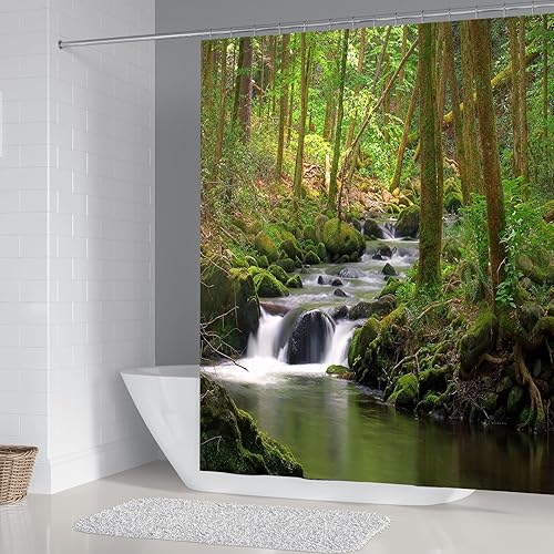 Cortina de ducha verde con diseño de cascada y bosque, tela para baño, decoración de paisaje de primavera, juegos de decoración con ojales y