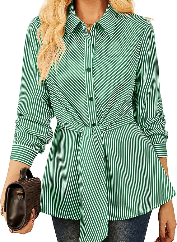 GRACE KARIN Peplum Tops for Women Tie Front Striped Button Down Shirt Collared Long Sleeve Business Casual Work Office Blouse