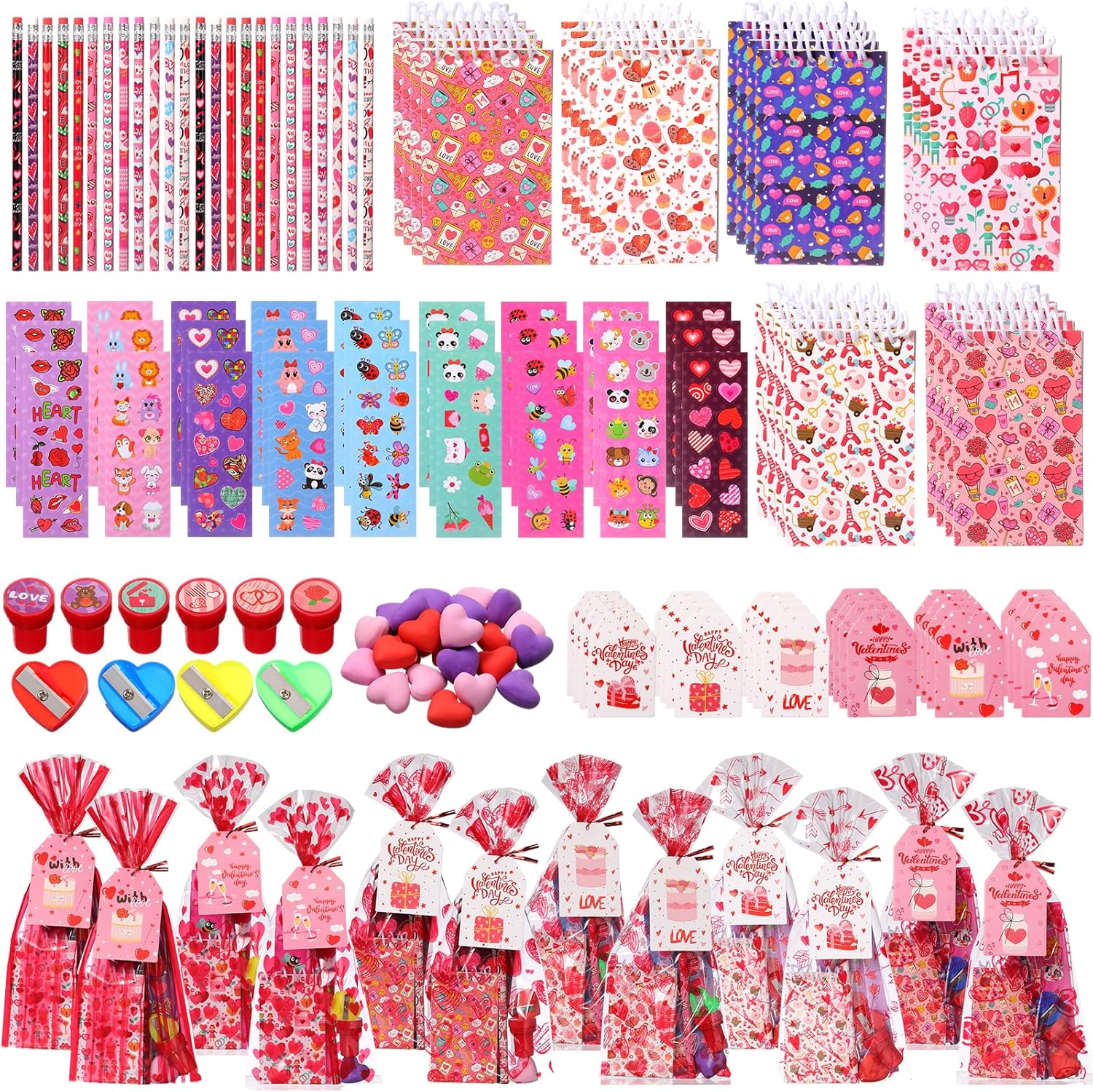 Tenceur 24 Pack Pink Back to School Stationery Sets with Notepads Sticker Pencil Eraser Treat Bags Greeting Card Heart Stamp Toys for Classmates Exchange School Gift