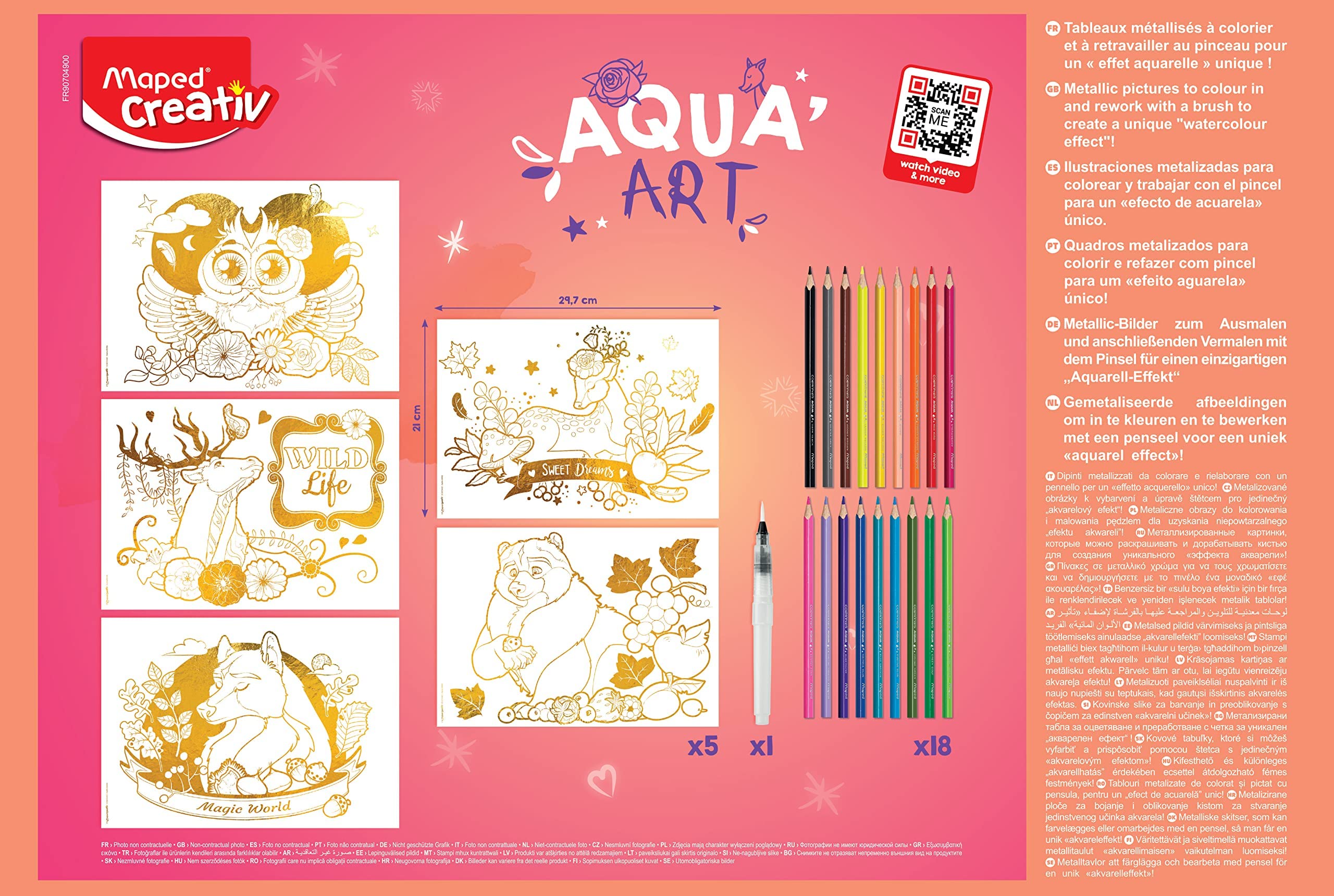 Lápices Acuarelables - Maxi Set Aqua Art - Juego de Dibujos para Colorear - Diseños Tamaño A4 con Efecto Metalizado - Incluye 18 Lápices de Colores y un Pincel - 297 x 210 mm - Maped