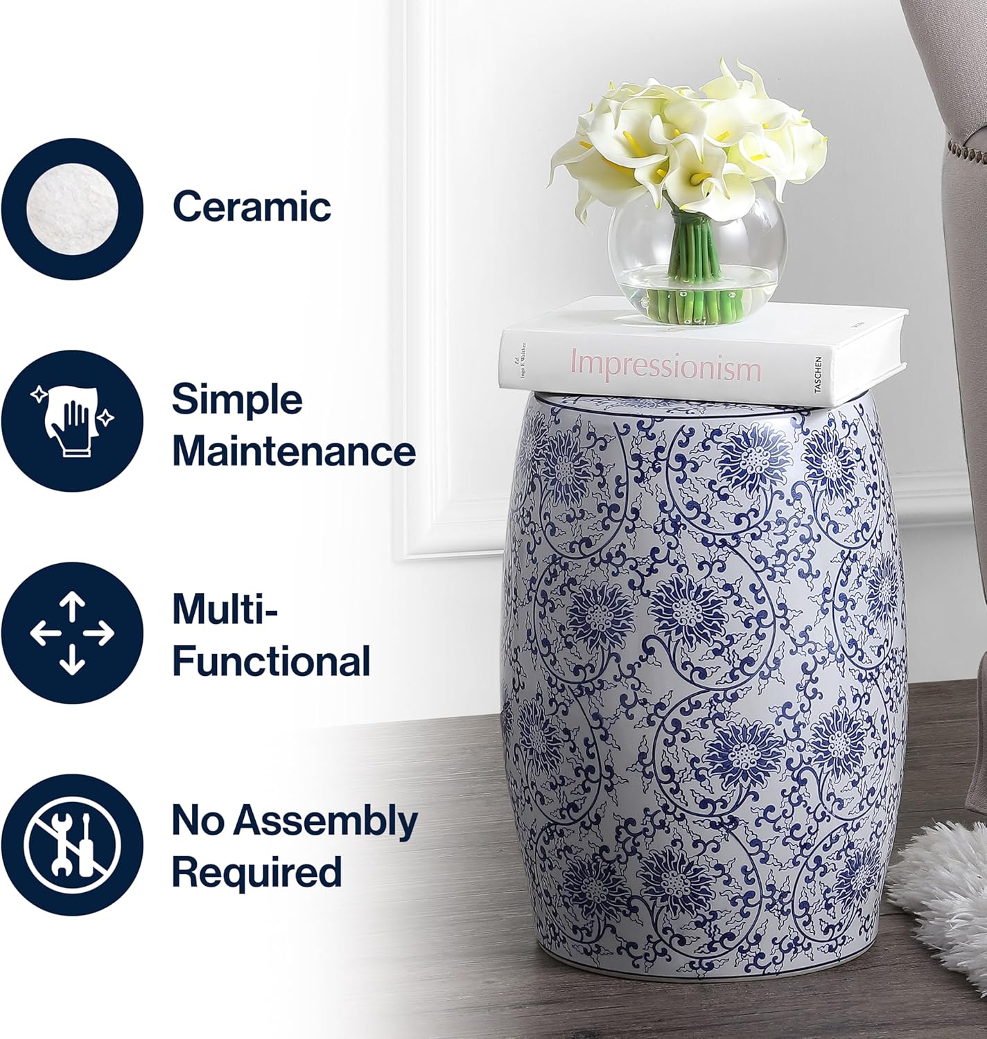 JONATHAN Y TBL1009A Lotus Blossom 17.5" Chinoiserie Ceramic Drum Indoor/Outdoor Garden Stool Bohemian, Coastal, Classic, Cottage, French Country, Traditional, Bathroom, Garden Room, Patio, Blue/White