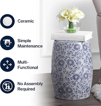 JONATHAN Y Lotus Blossom Garden Stool Chinoiserie Drum 17.5, Blue/White