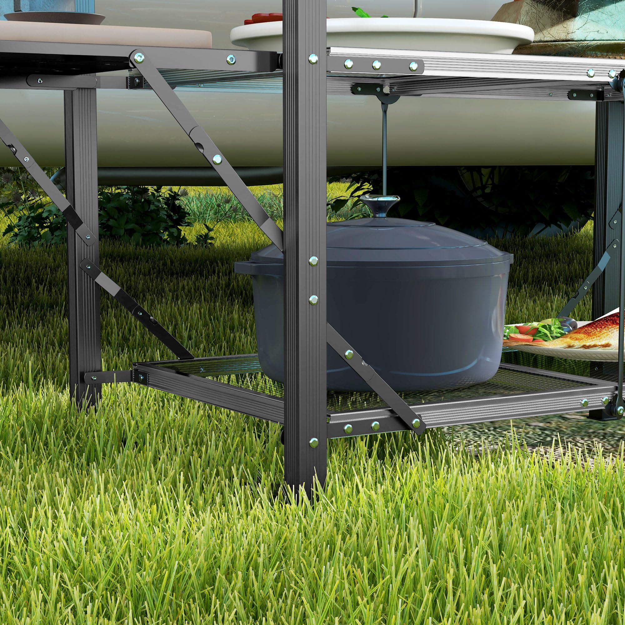 Outsunny Cuisine de Camping Table de Camping Pliante en Acier et Aluminium, avec Sac de Transport, 2 tablettes rabattables, 2 étagères et Porte-gobelets, dim. 126L x 46l x 81H cm