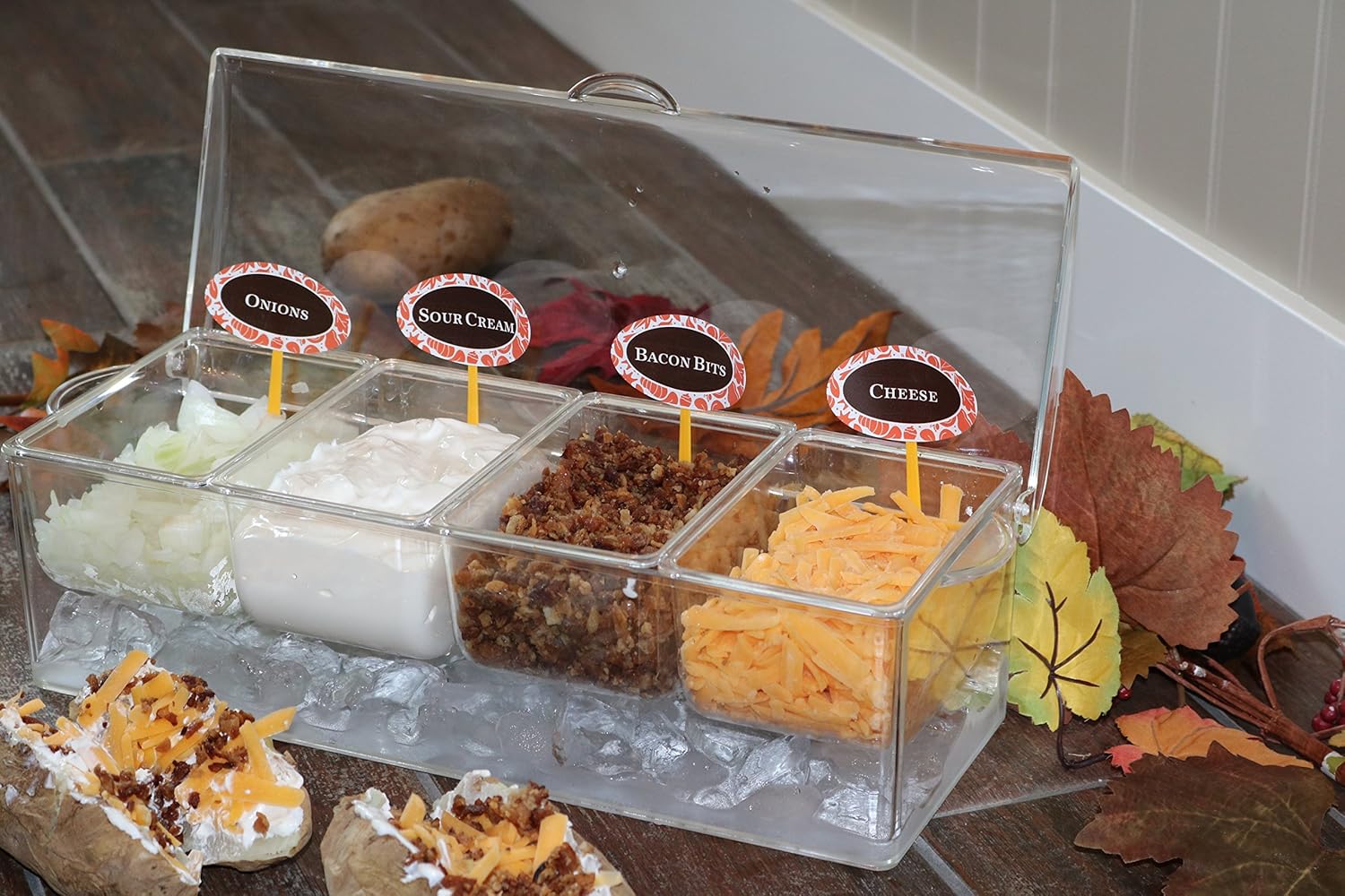 Get Discount Offer Large Clear Condiment Server Organizer on Ice with Containers and Lid – Serving Bar Compartments Hold 20 oz Portion and Plastic Box Tray are BPA Free – Chilled Caddy Dispenser Set Holds 10 Cups