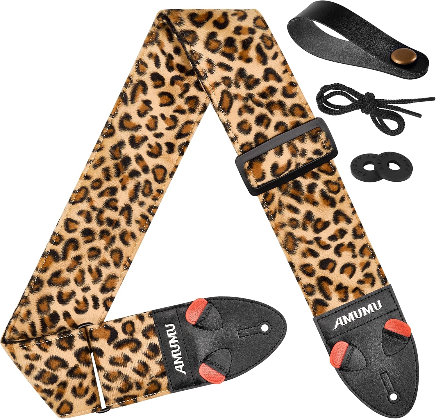 Amumu 3" Leopard Flocked Velvet Guitar Strap with Microfiber Leather Ends, Fits Acoustic, Bass, and Electric Guitar - Guitar Accessories