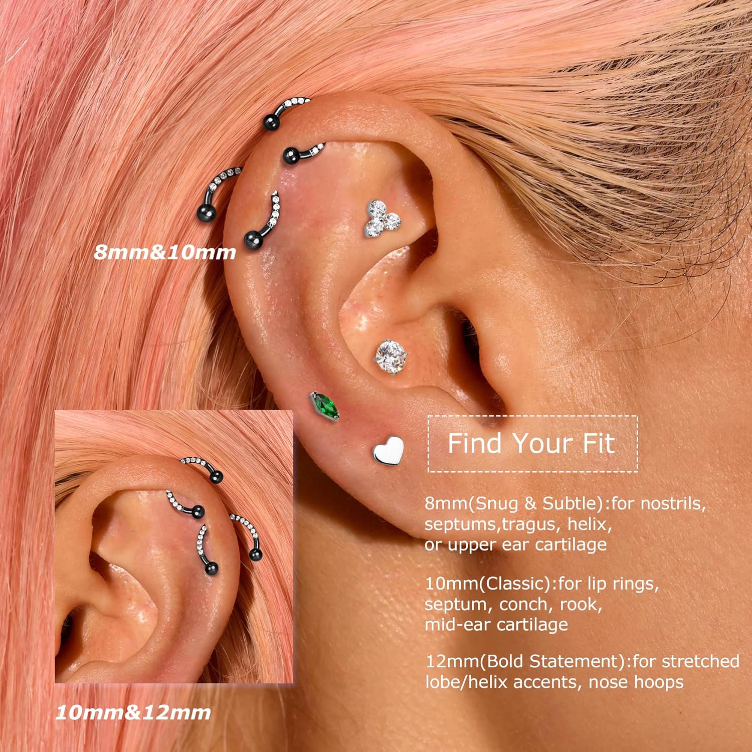 BodyBonita G23 Titanium Horseshoe Nose Rings Septum 16G with Threaded Piercing Taper/Pick Up Tool/Replacement Balls for Piercings - Circular Barbell/Spike Lip Piercing Helix Daith Jewelry for Women - Image 6