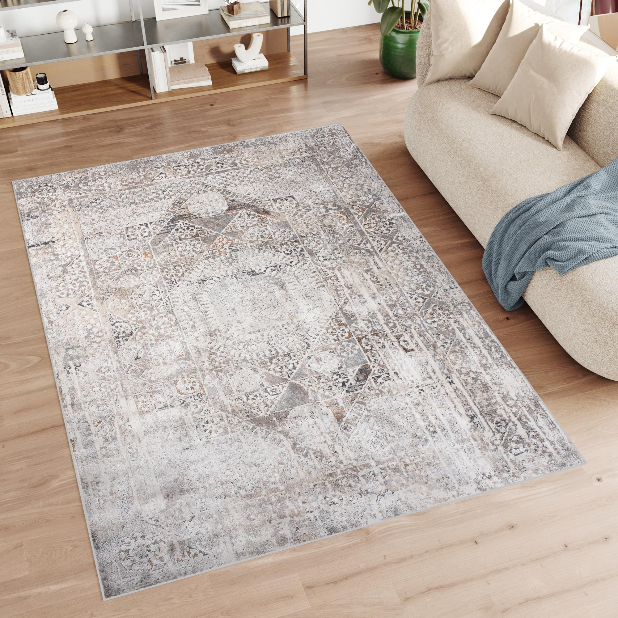 Tapiso Feyruz dywan z krótkim włosiem, jasnoszary, nowoczesny ornament, kwiatowy design, vintage, do salonu, sypialni, Ökotex 80 x 150 cm