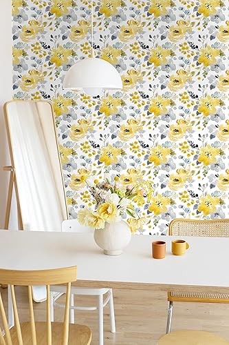 Miniatura 4 de Papel tapiz autoadhesivo para despegar y pegar, papel de contacto de acuarela amarillogrisblanco, papel tapiz floral autoadhesivo extraíble para
