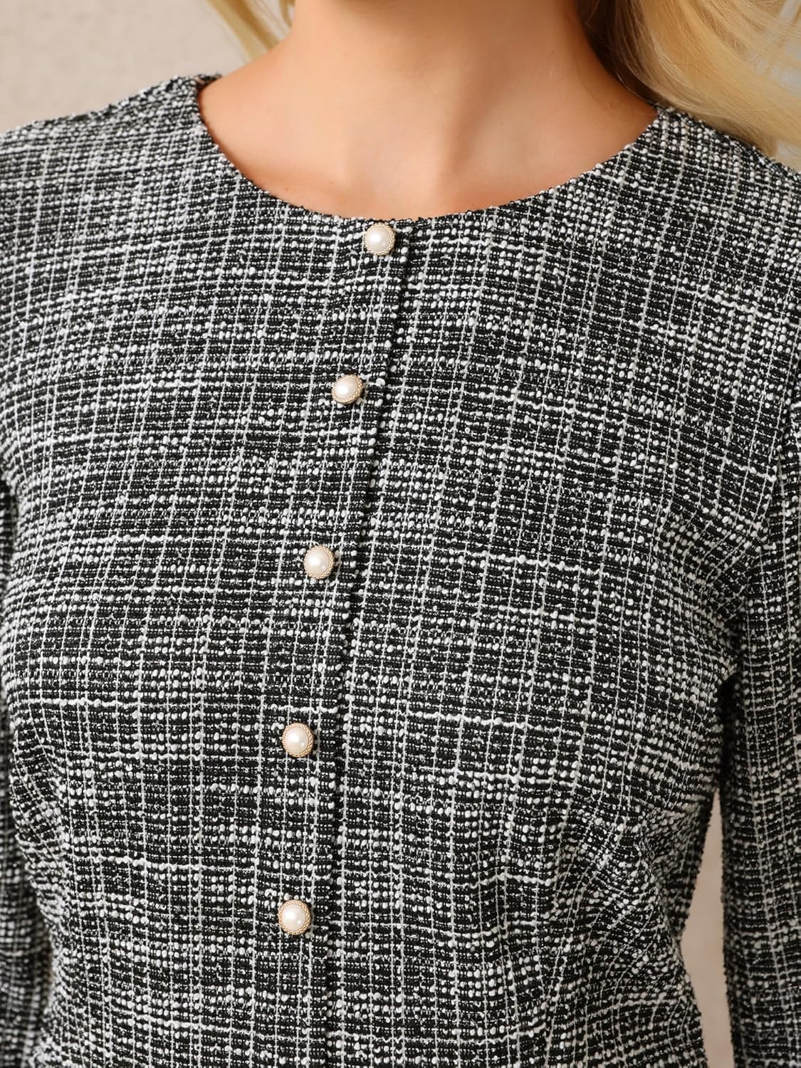 Women's Tweed Dress Long Sleeve Elegant Business Work A-Line Dresses - Image 4