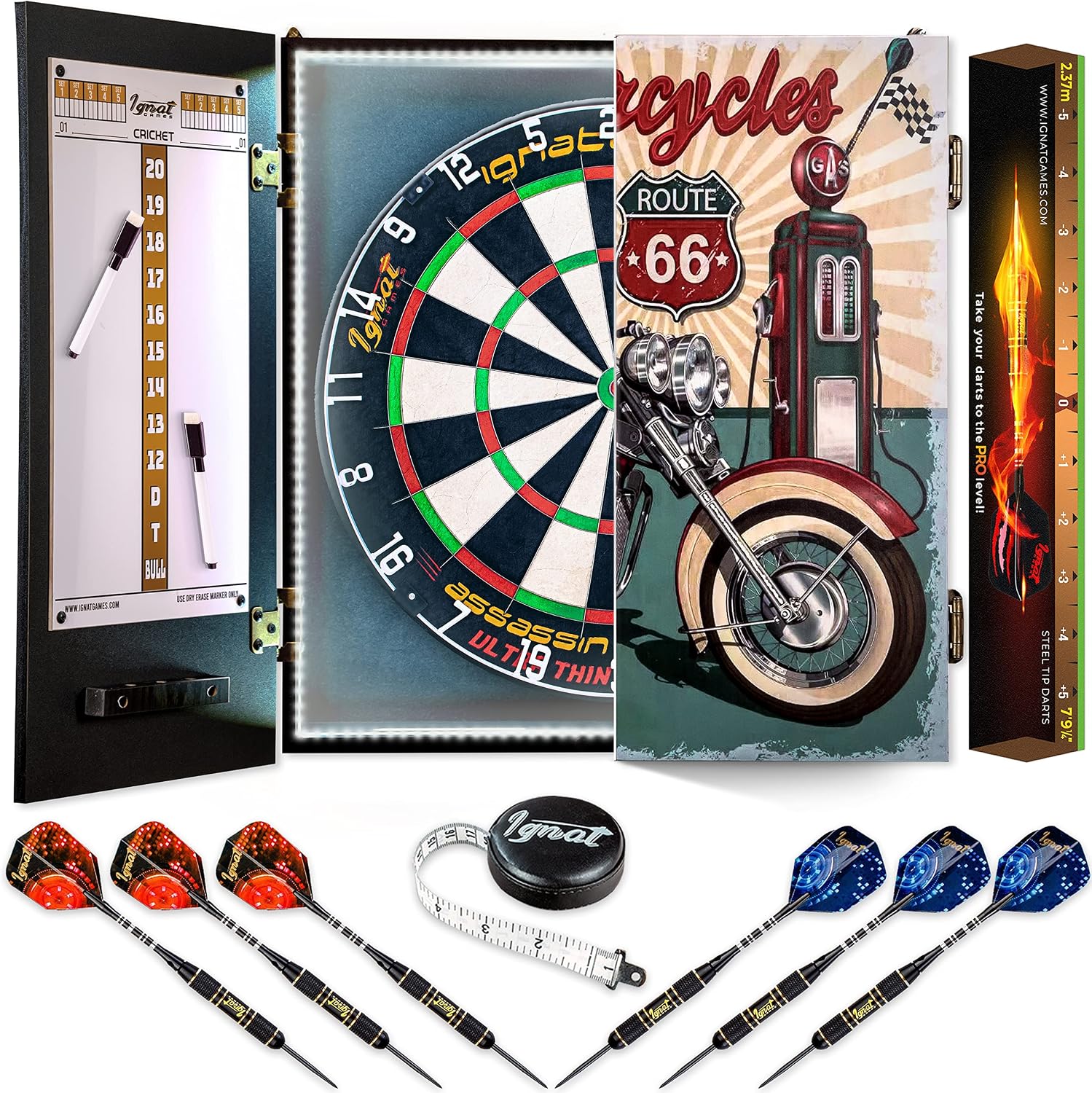 IgnatGames Dart Board Professional Set - Competition Size Kenyan Sisal Dart Board for Adults with 6 Professional Steel Darts - Staple-Free Ultra-Thin Wire Spider Dartboard + Accessories & Mounting Kit