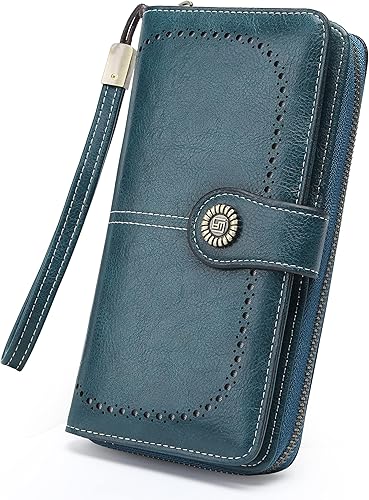 Billetera de cuero para mujer, de gran capacidad, con cremallera, cartera con cremallera para mujer, 1-azul pavo real, L, Moderno