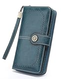 Womens Wallet Leather Large Capacity Card Holder Zipper Wristlet Wallets for Women-peacock blue