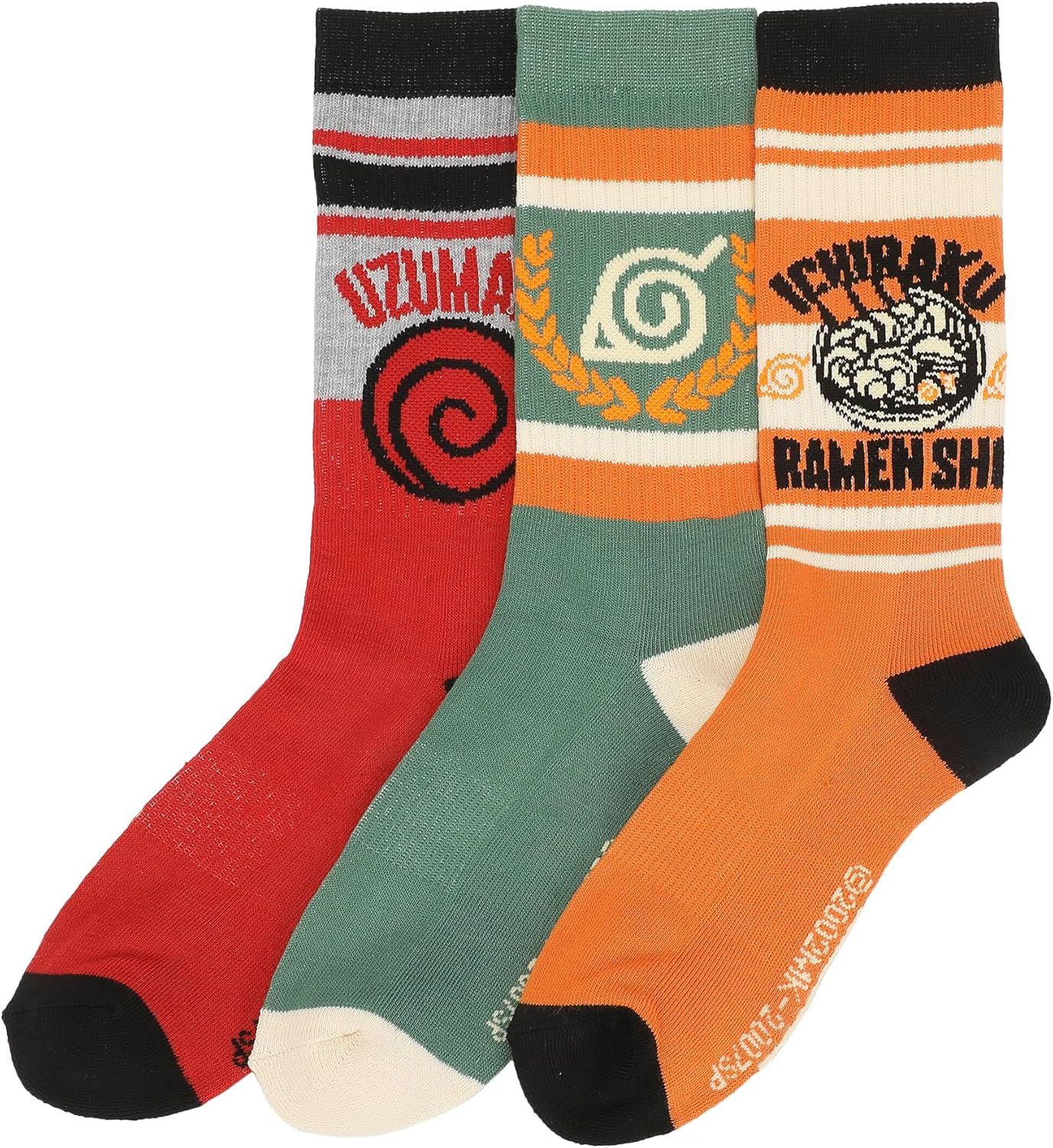 Bioworld Naurto Uzumaki, Leaf and Ichiraku Striped Mens Athletic Crew Socks - Image 3