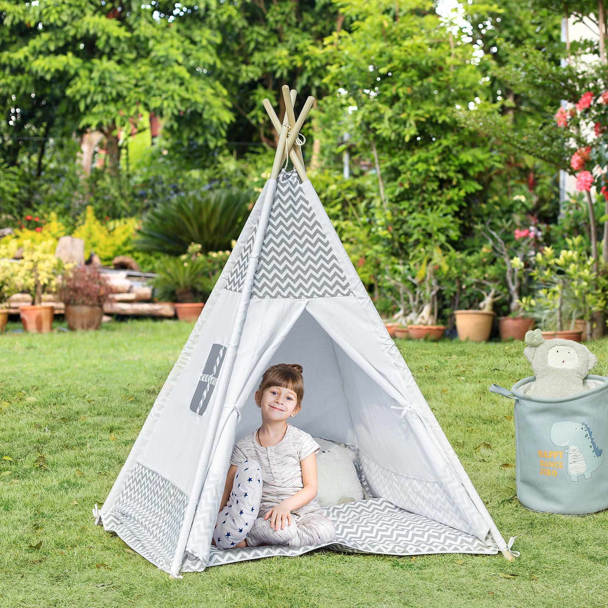 HOMCOM Tienda De Campaña India Teepee Para Niños – Estilo Gráfico, 1,2x1,2x1,55 M, Con Cojín, Alfombra, Ventana Y Bolsa De Transporte