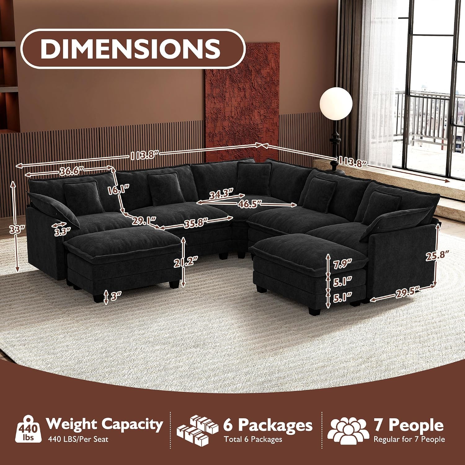 Ihanherry 114" Modular Sectional Sofa 7-Seat Chenille Couch with 2 Ottomans Black