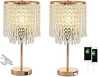 Crystal Table Lamps Set of 2 Gold Nightstand Lamps with 2 USB Ports, 3-Way Touch Dimmable Bedside Lamps for Bedroom Living Room