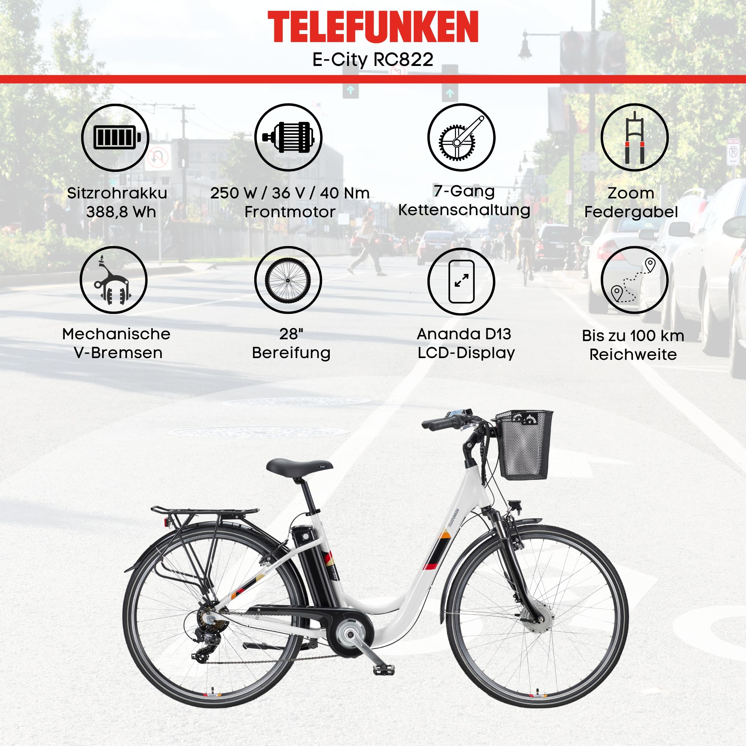 TELEFUNKEN City Elektrofahrrad für Damen und Herren E-Bike 28 Zoll | 536,5 Wh Akku | Pedelec mit 40 Nm Frontmotor | 7-Gang Shimano Kettenschaltung | Citybike mit Fahrradkorb & Fahrradschloss