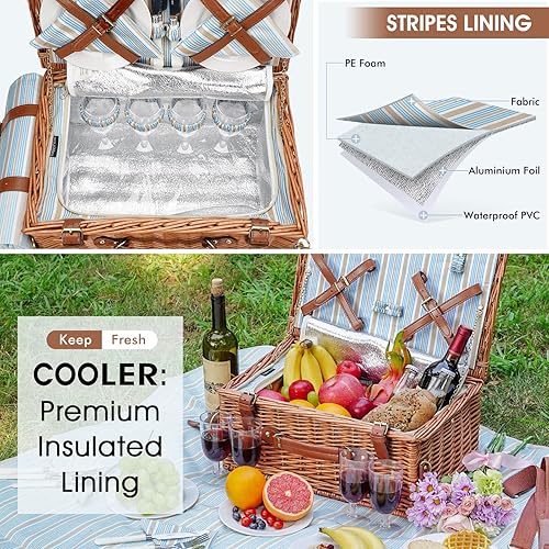 Miniatura 5 de Juego de cestas de picnic para 2 personas, cesta de sauce con compartimento grande aislado para enfriar, manta de picnic y kit de servicio de
