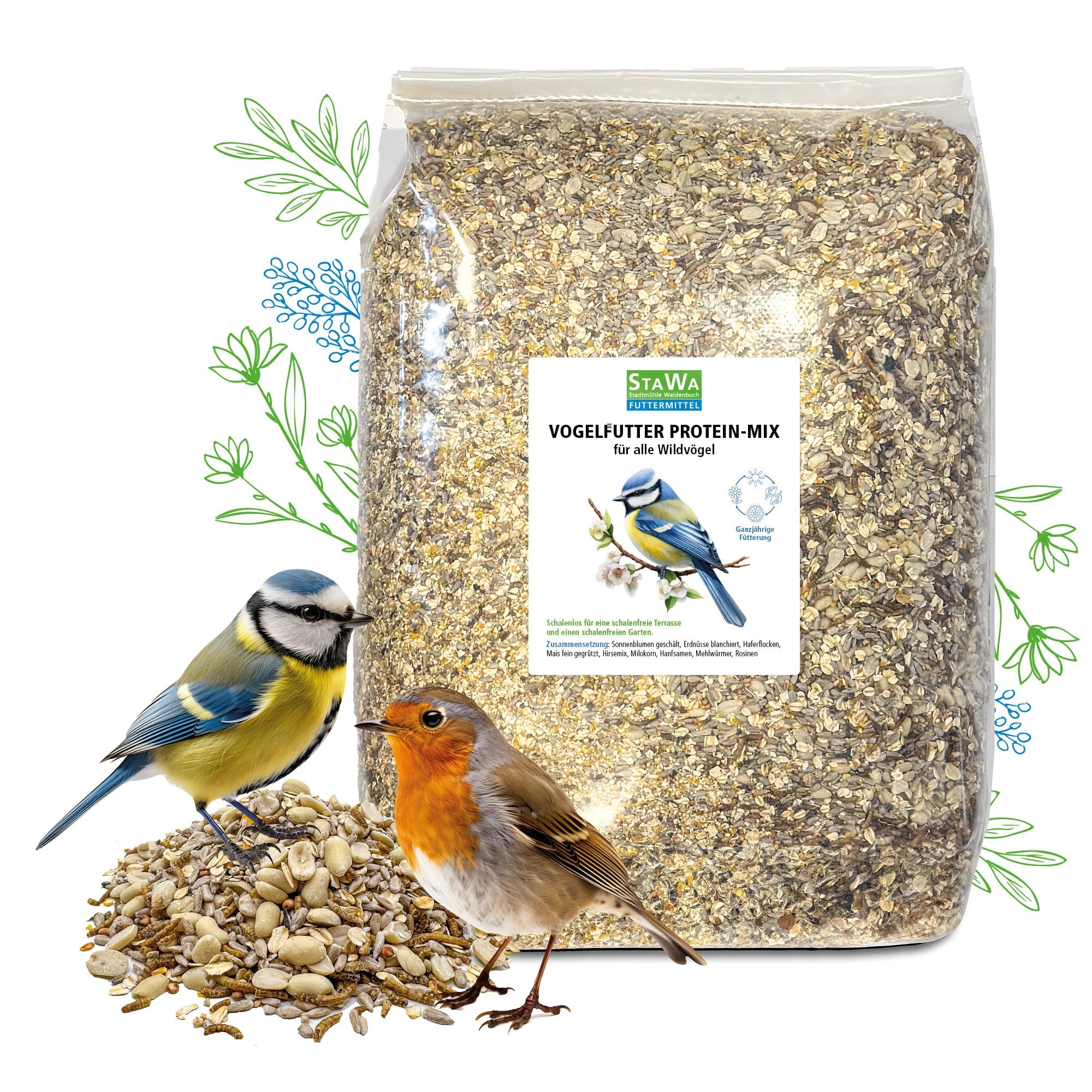 Vogelfutter Protein-Mix, Wildvogelfutter für Gartenvögel und Waldvögel, Streufutter mit viel Eiweiß, Ganzjahresfutter, 20 kg