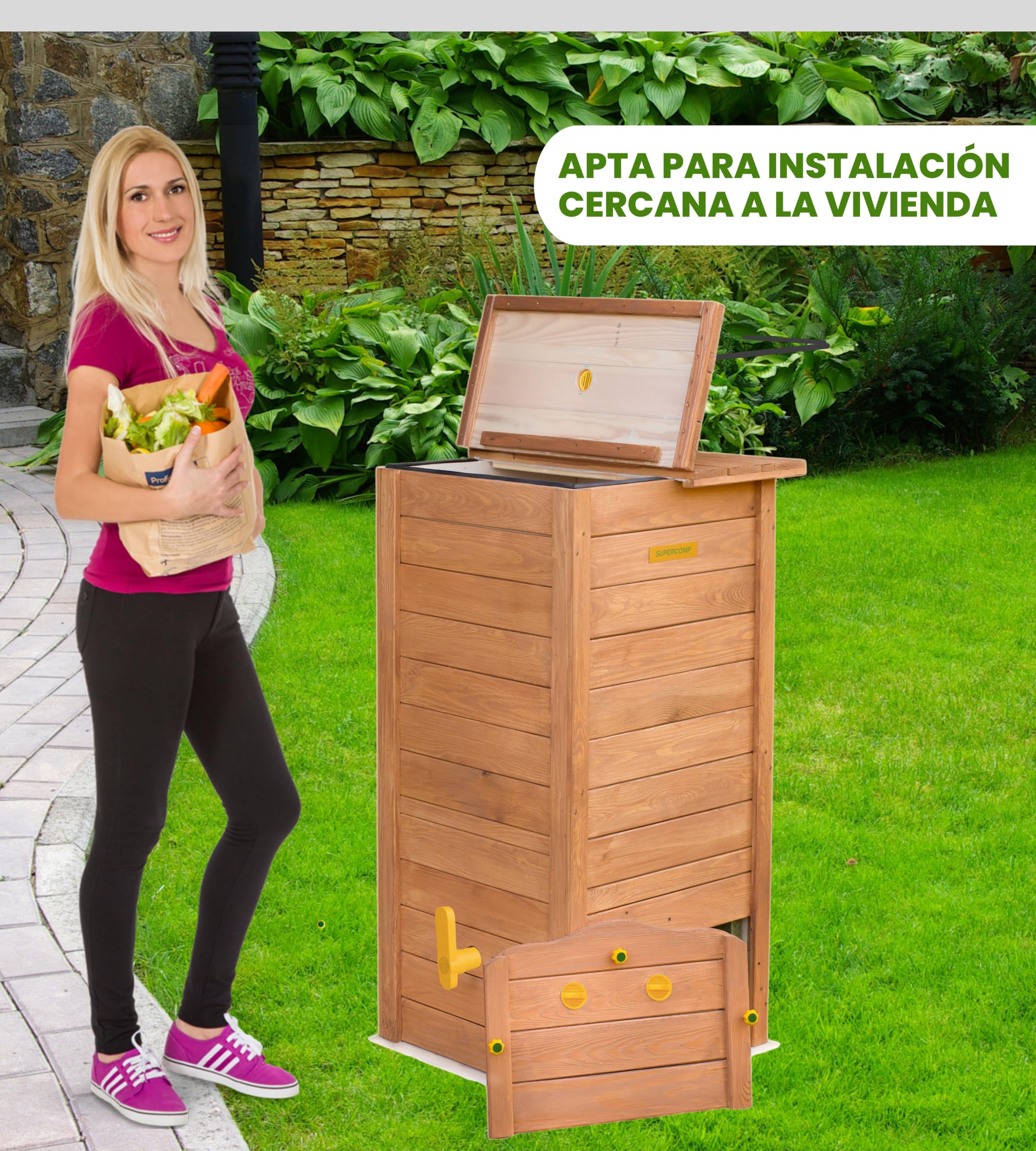 SUPERCOMP Compostador de Madera 340 L para Jardín con Protección Antiplagas y Antirroedores, Compostaje sin Olores ni Volteo, Aireación Vertical, Tapa y Base Incluidas | Compostador rápido de madera con tapa y base, protección contra plagas, juntas y reji