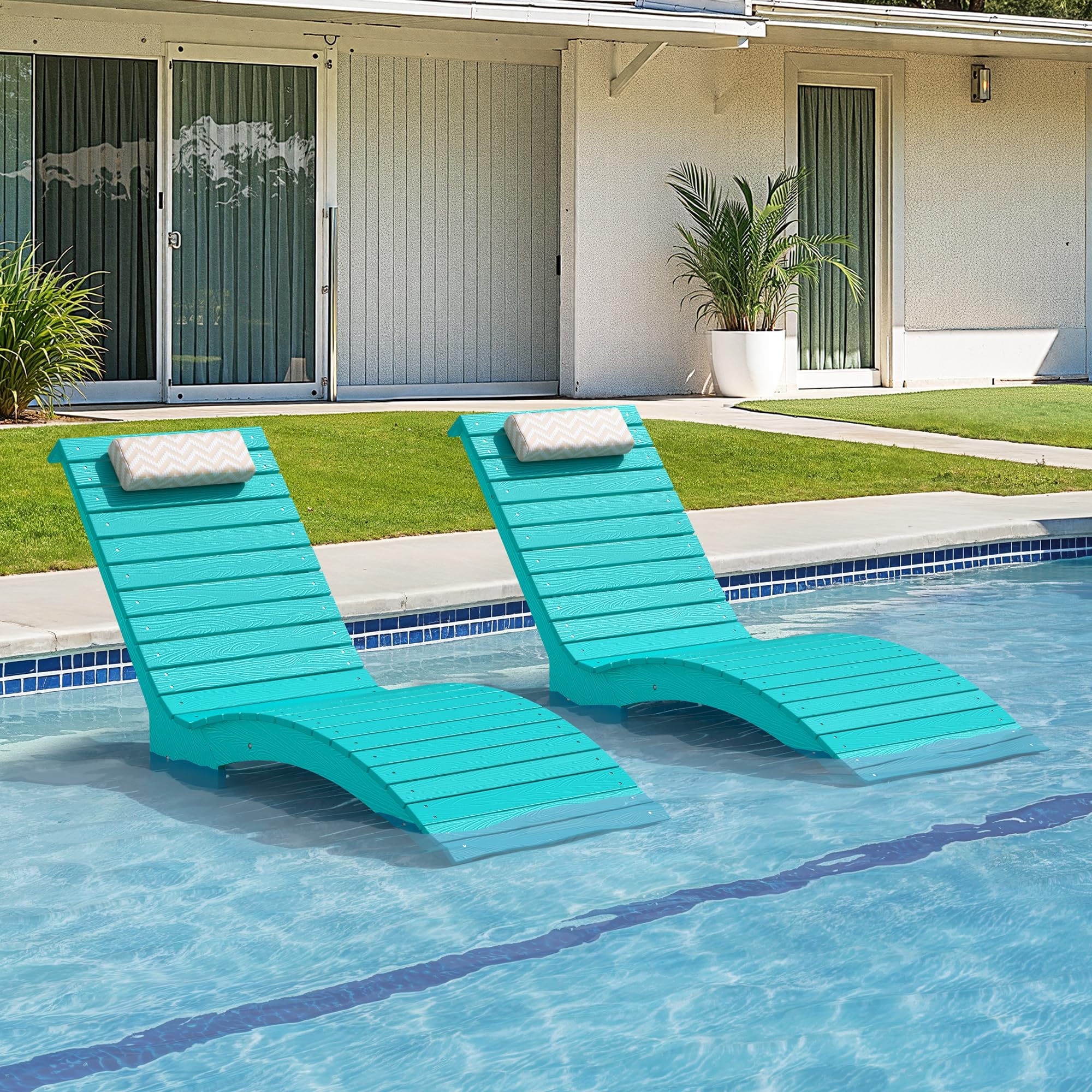 Pool Lounge Chairs Outdoor Set of 2，HDPS Long Pool Chairs for in Pools, Weighted All Weather Tanning Chair with Headrest，Chaise Lounge for Outside Beach Patio Sun Bathing Hotel, Aruba Blue