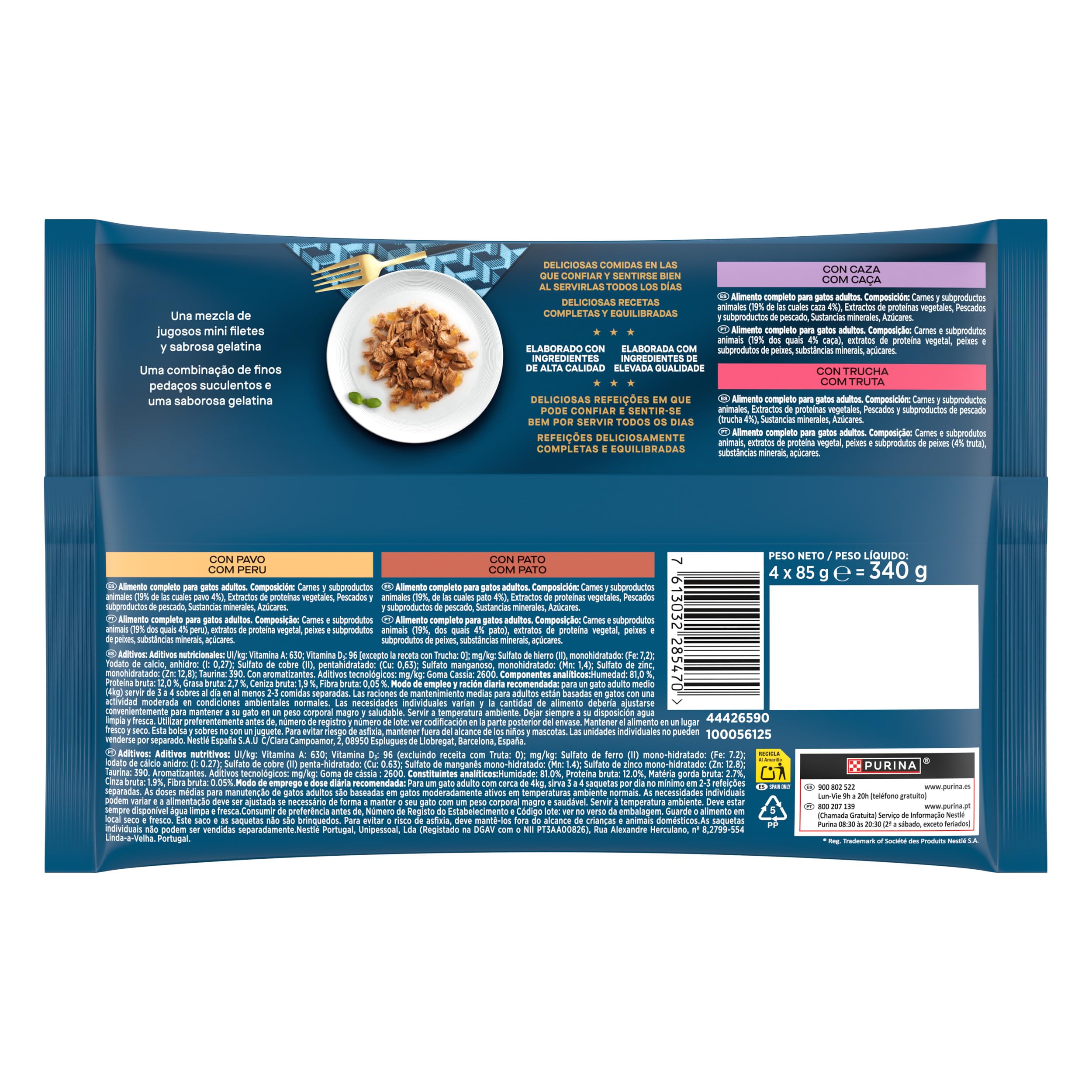 GOURMET Perle Mini Filetes en Salsa, Comida Húmeda para Gato Adulto, Trocitos en Salsa, Surtido de Pavo, Pato, Caza y Trucha, 12 Packs de 4 Sobres de 85 g. (48 sobres)