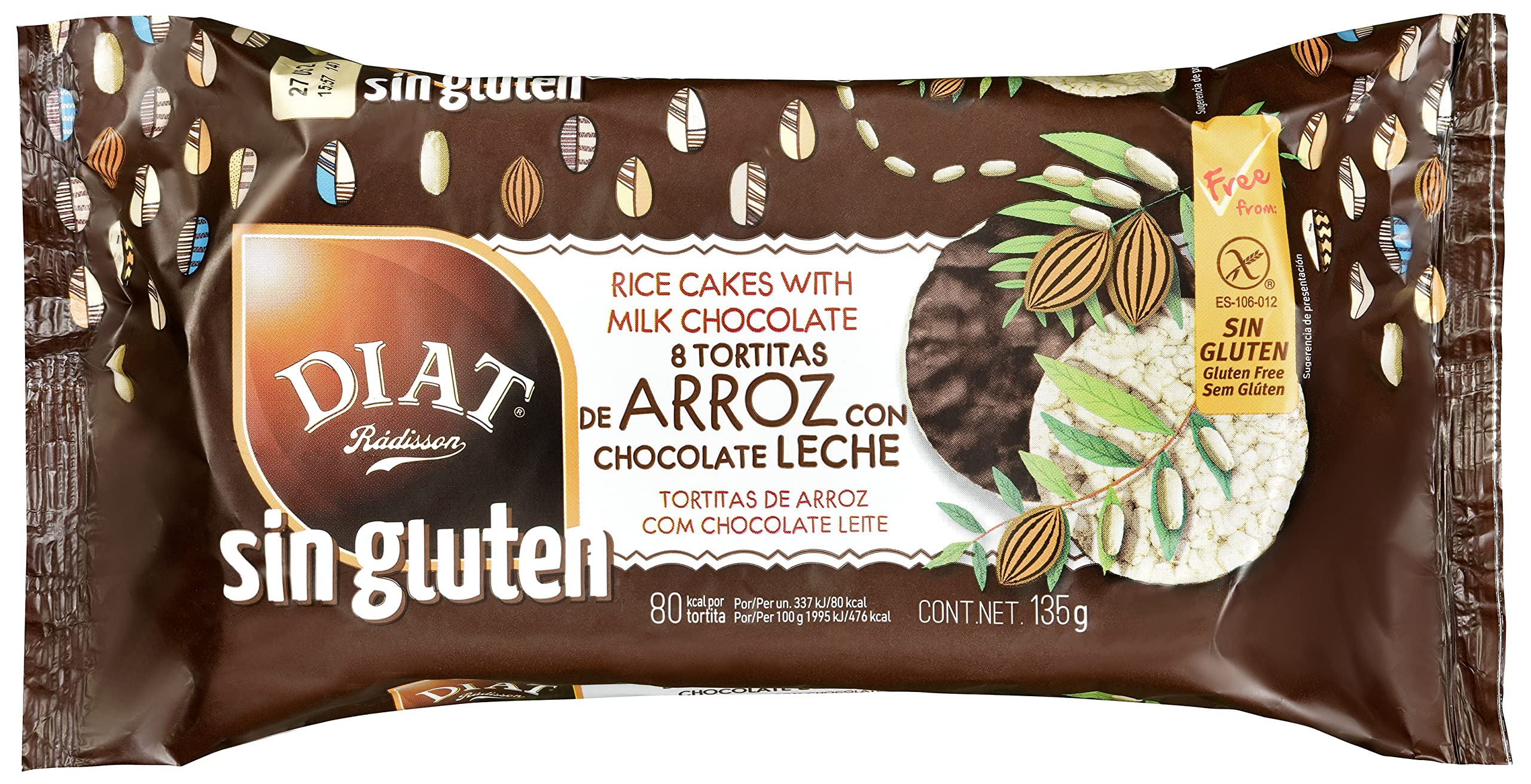 DIAT Radisson Tortitas de Arroz Sin Gluten | Tortitas de Chocolate con Leche | Panqueques de Arroz Integral Inflado| Tortitas de arroz integral | Producto Gluten Free | Apto para Vegetarianos