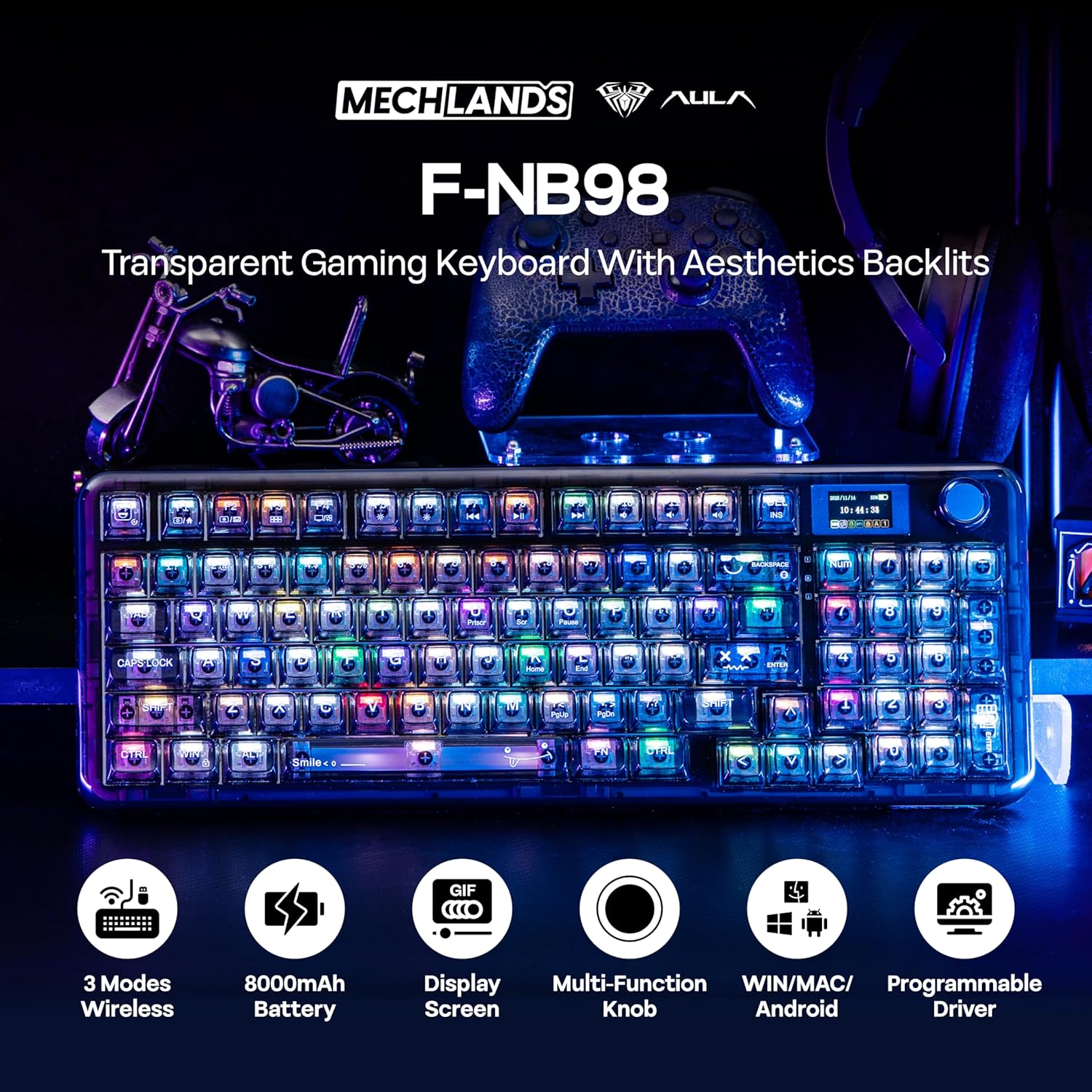 MechLands Aula F-NB98 Transparent Keyboard with RGB Backlits, 3 Modes Wireless Mechanical Keyboard with Display Screen, 8000mAh Battery, Shine Through Keycaps, Creamy Gasket, 1800 Layout (Black)