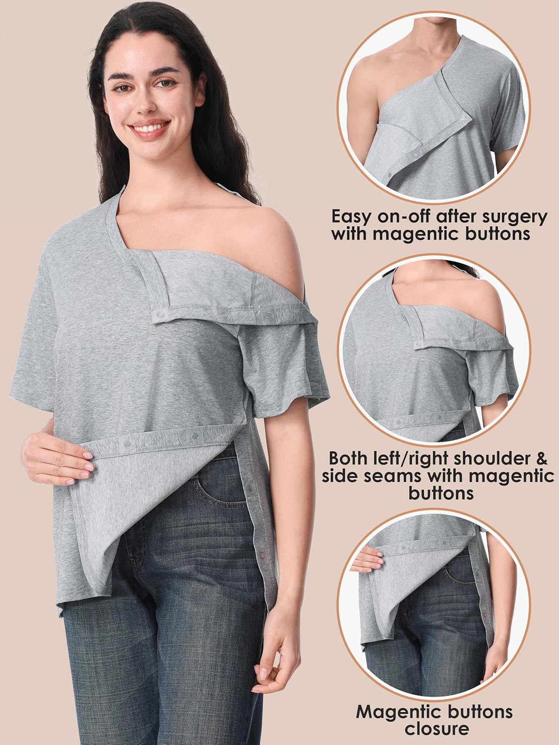 Magnetic Buttons Post Shoulder Surgery Recovery Shirt for Men V-Neck Tear Away Adaptive Chemo Port Clothing for Women - Image 4
