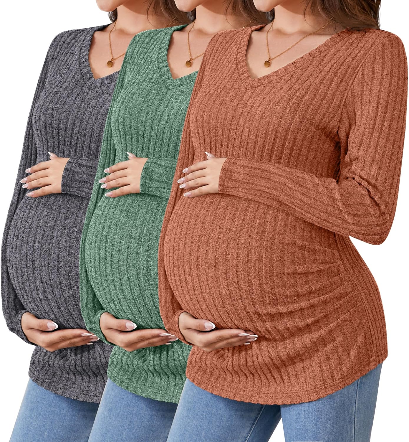 Ficerd 3 Pack Women's Maternity Shirts Ribbed Long Sleeve Pregnancy Tops V Neck Knit Side Ruched Pregnant Clothes Sweater