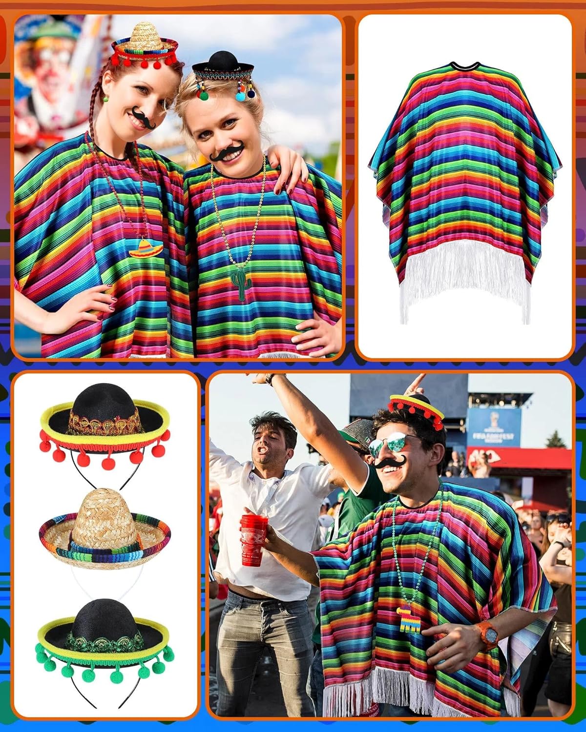 Panitay 48 Pcs Mexican Costume Poncho Sombrero Serape Halloween Fiesta Supplies Poncho Mustaches Necklace Set for Adults Favors Decorations