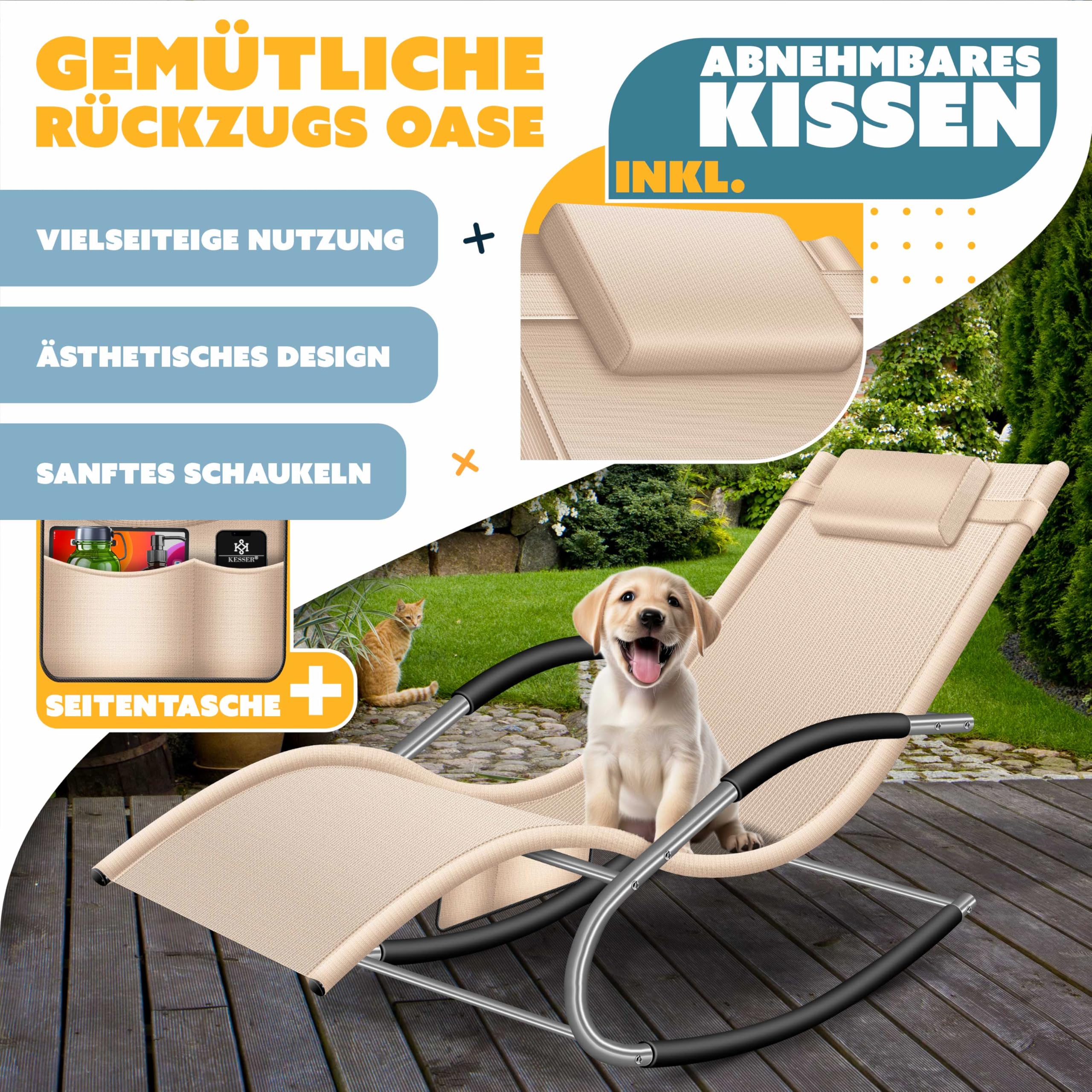 KESSER® Lettino da sole e da relax | Lettino a dondolo e da giardino | Sedia pieghevole e a sdraio | Poltrona a dondolo con seduta reclinabile ergonomica