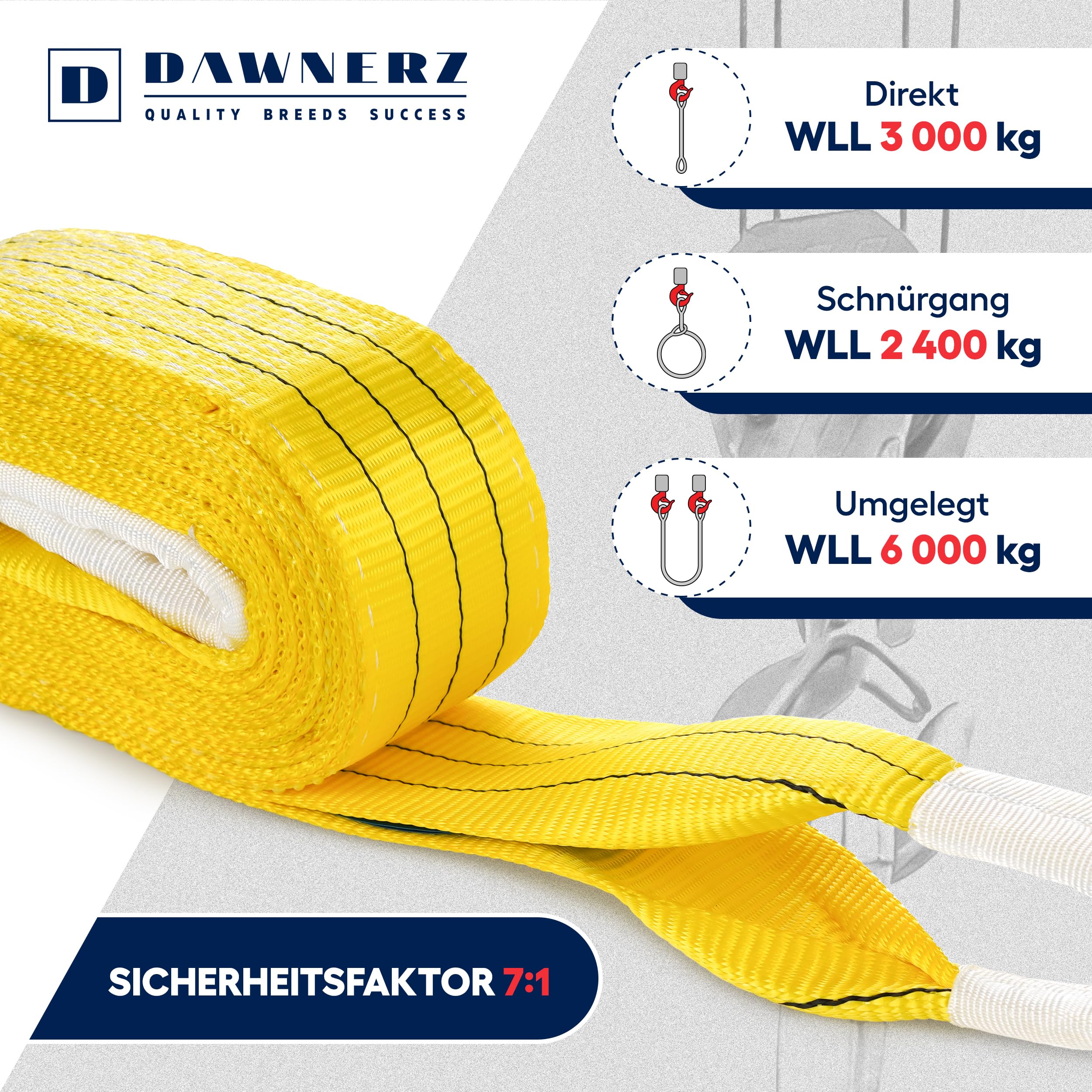 Schlaufen-Hebeband 3000 kg Direkt WLL, 2m - Schwerlast Hebegurt aus Polyester - Zweilagige Hebeschlinge mit Verstärkten Endschlaufen