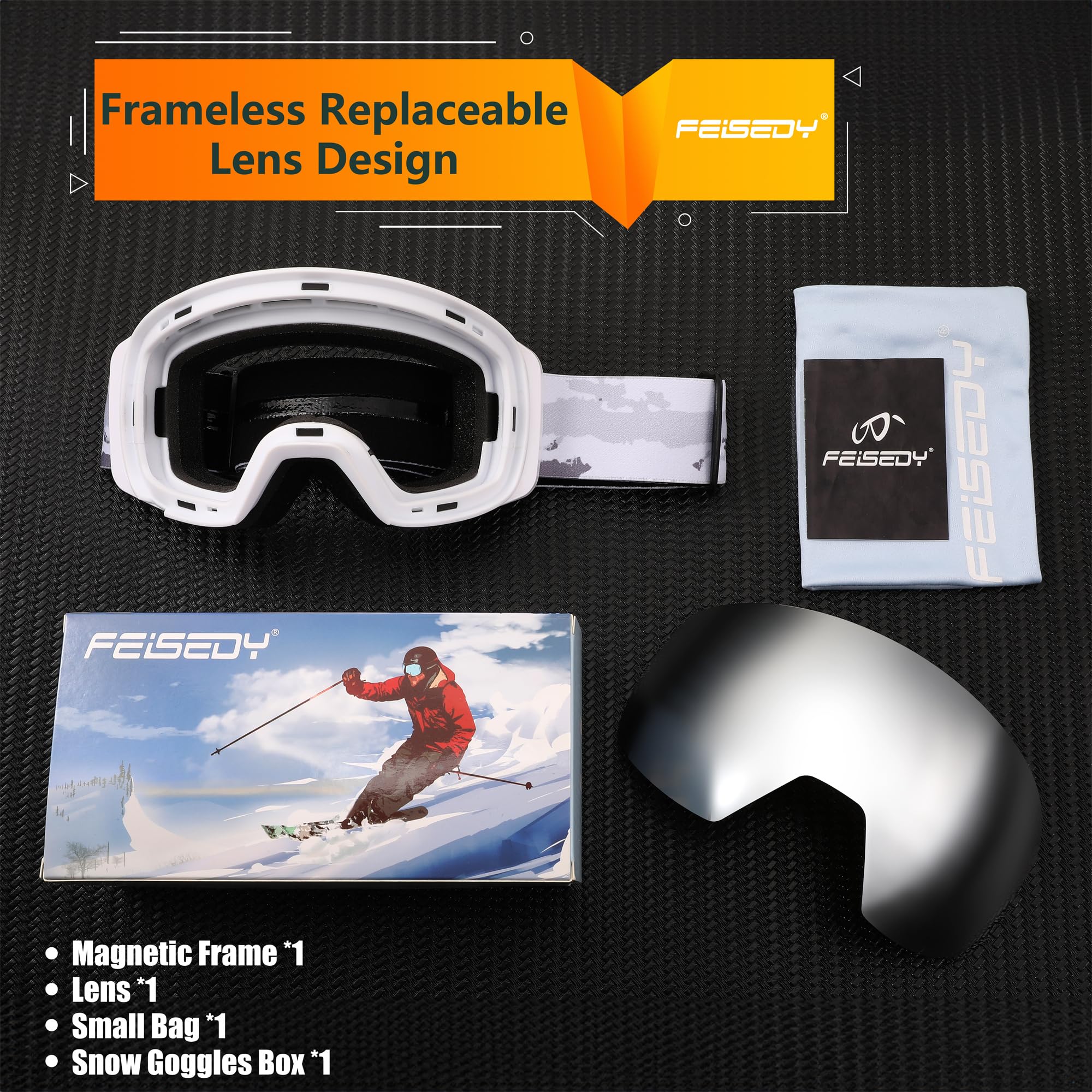FEISEDY Maschere da Sci OTG Uomo Donna con Lente Magnetica B0020 | Intercambiabile Protezione 100% UV, Antiappannamento Occhiali Snowboard per Sport Invernali All'Aperto