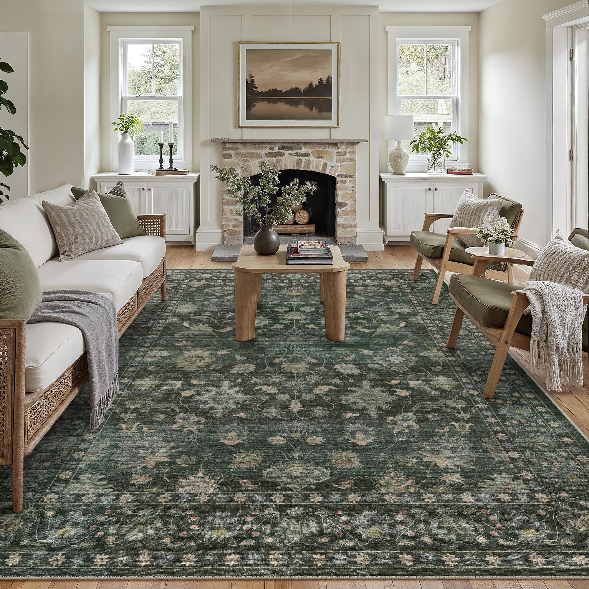 PureCozy Rugs Living Room 200x300 cm Vintage Washable Non Slip Area Rugs Retro Floral Large Lightweight Carpet for Bedroom Dining Room Hall Lounge Office Indoor Home Decor, Green